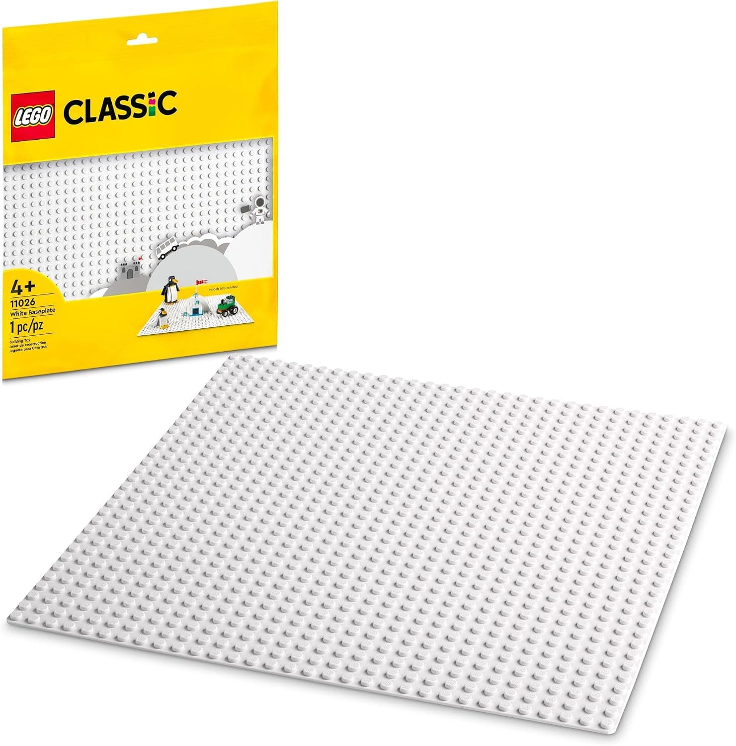 LEGO Classic Placa base blanca, base cuadrada de 32 x 32 para construir, jugar y exhibir creaciones de ladrillos, ideal para paisajes nevados e invernales, 11026