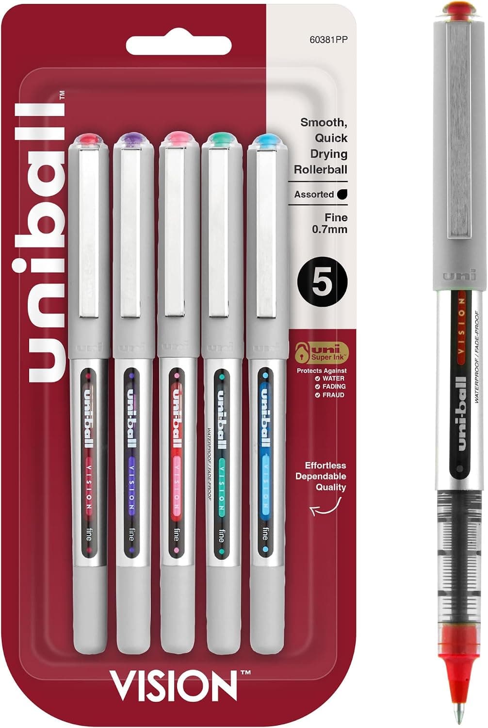 Uni-Ball 60381PP Vision Bolígrafos roller, punta fina (0,7 mm), colores de moda, 5 unidades