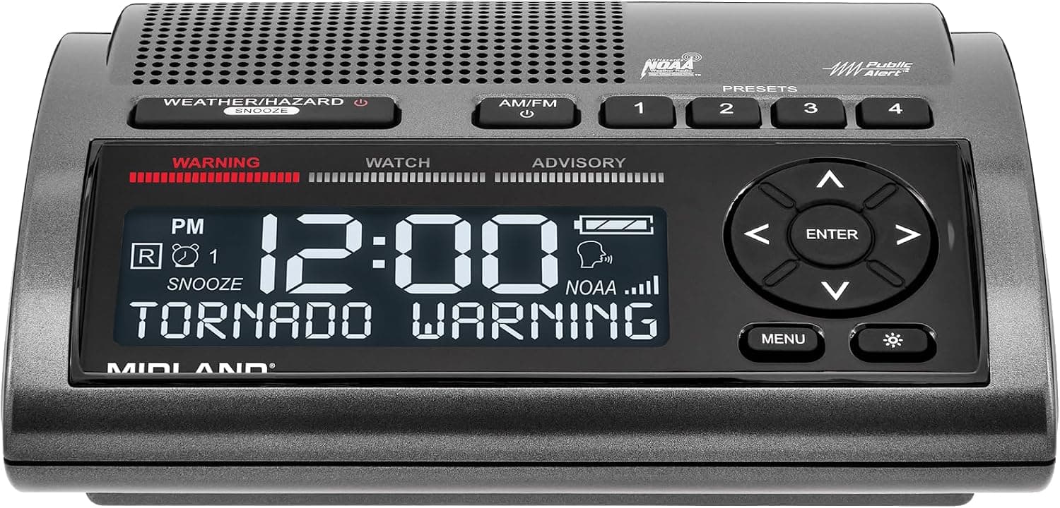 Midland - WR400 Weather Radio Deluxe - Escáner de alerta de emergencia NOAA - Uso doméstico con batería de respaldo - Programación local del condado Más de 80 alertas intermitentes de voz de emergencia - Reloj despertador Radio AM/FM