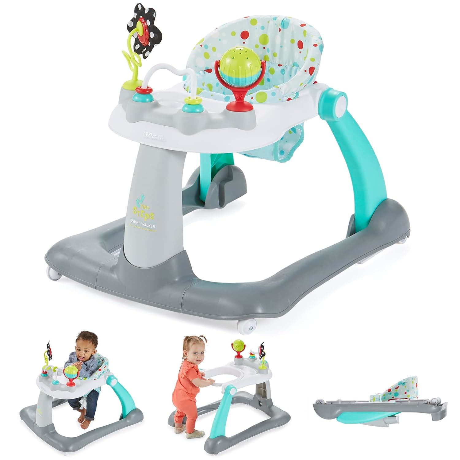 Kolcraft Tiny Steps 2 en 1 Andador plegable para bebés y bebés con ruedas, centro de actividades sentado o caminando detrás, actividades de desarrollo entretenidas para niños y niñas, marco resistente de base ancha