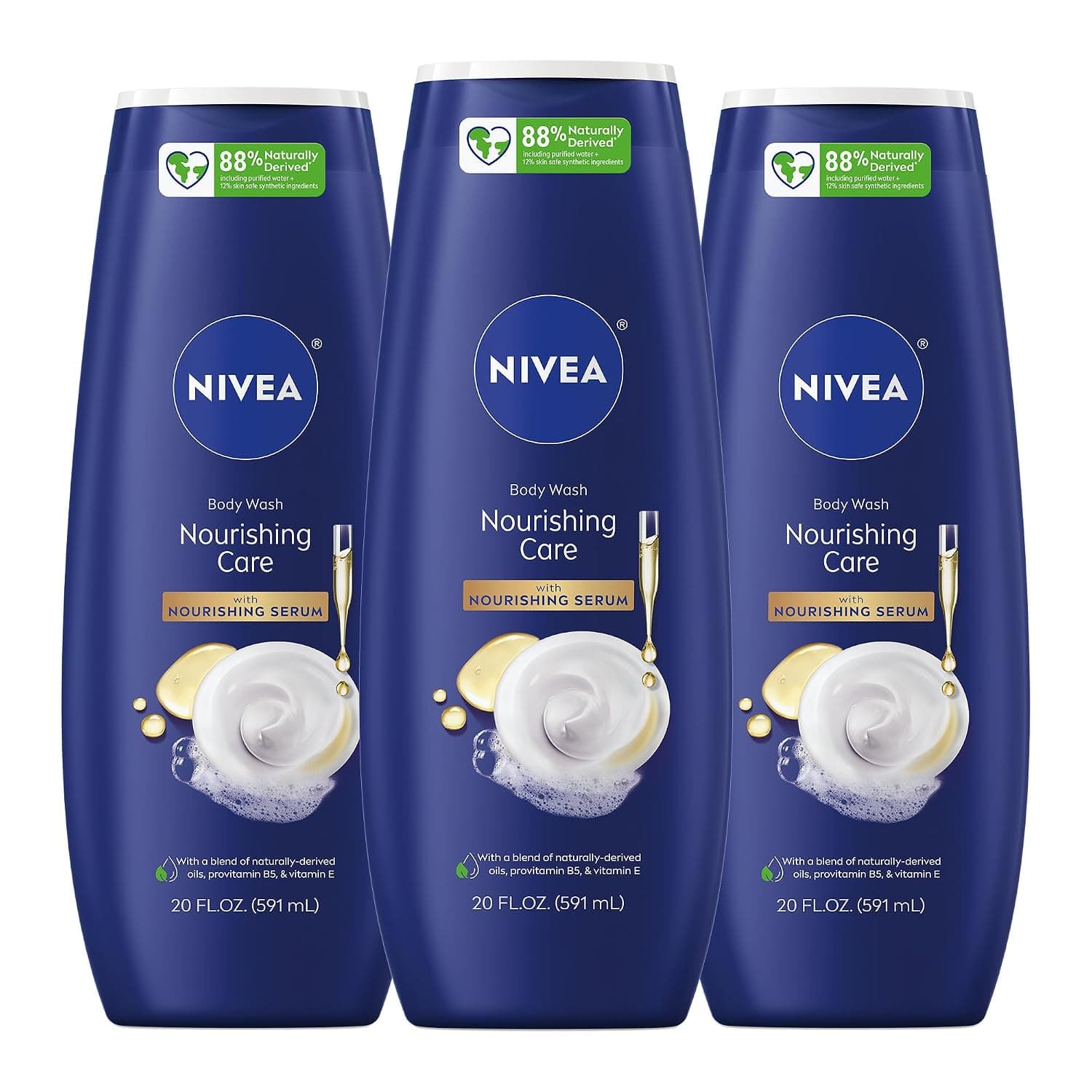 NIVEA Nourishing Care Body Wash, suero nutritivo, paquete múltiple 3 x 20 FL OZ | Gel de baño hidratante para pieles secas, enriquecido con provitamina B5 y vitamina E, alternativa a la crema de afeitar, sin parabenos