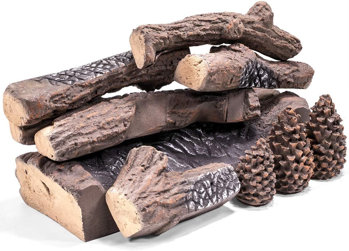 Barton Juego de troncos de madera realista de cerámica de 9 piezas, estilo madera de pino, apilable, a gas, resistente al calor, chimenea, leña falsa para exteriores/interiores (9 piezas)