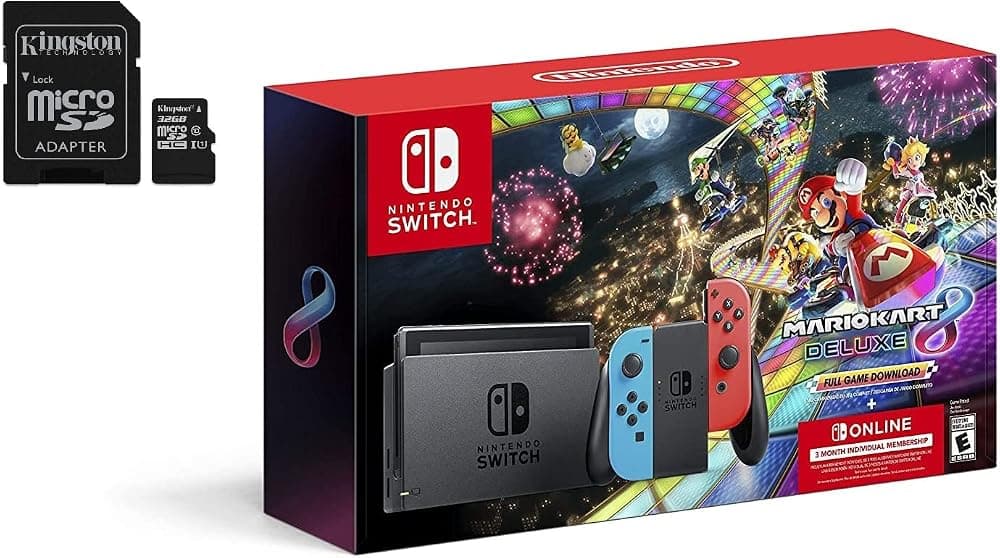 Paquete de accesorios Deluxe para Nintendo Switch Mario Kart 8 con Joy-Con azul neón y rojo neón y tarjeta SD de 32 GB
