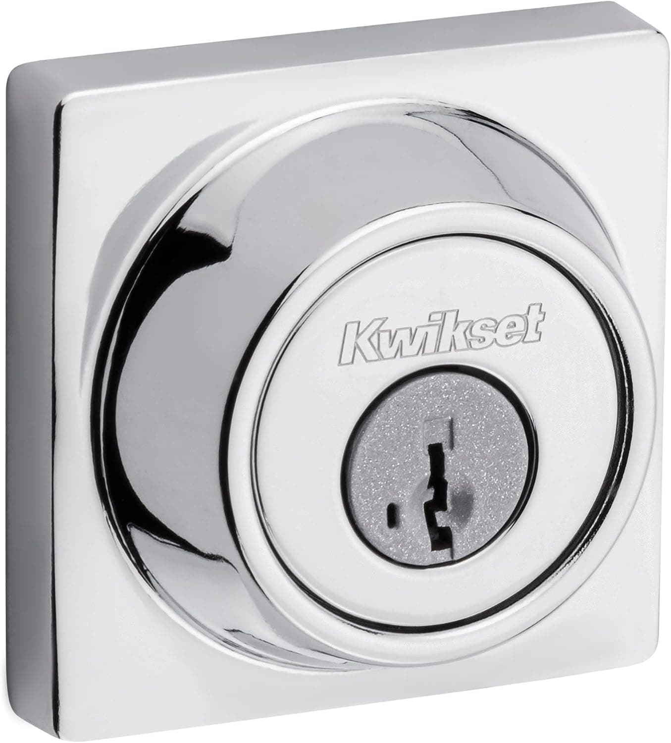 Kwikset 660 Cerradura de cerrojo contemporánea, puerta de entrada frontal con llave exterior cuadrada de cromo pulido, seguridad SmartKey Rekey resistente a golpes, cerrojo de un solo cilindro