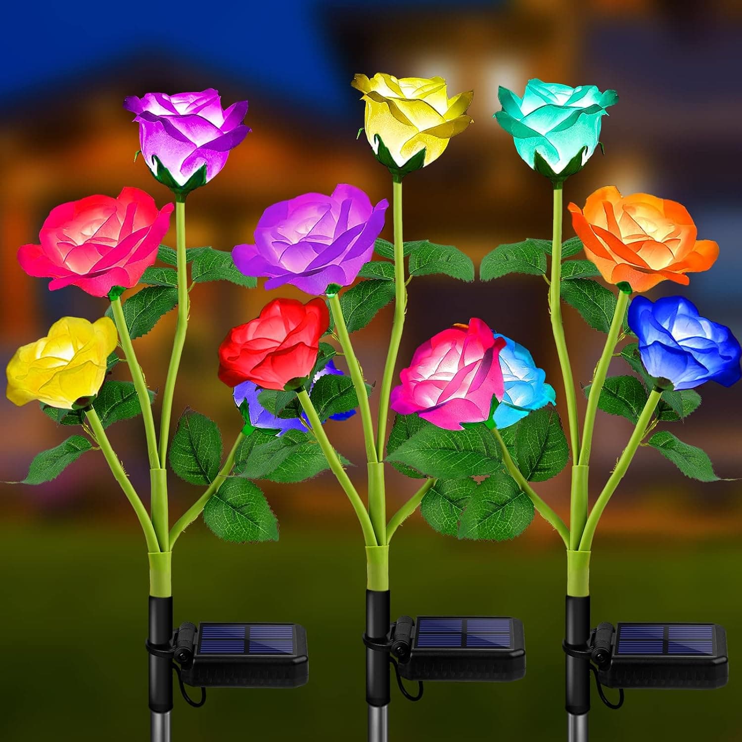 URPOWER Luces solares al aire libre, paquete de 3 luces solares realistas mejoradas para jardín al aire libre, impermeables, 7 colores cambiantes, luces solares de rosas con panel solar más grande para patio, jardín, decoración de patio