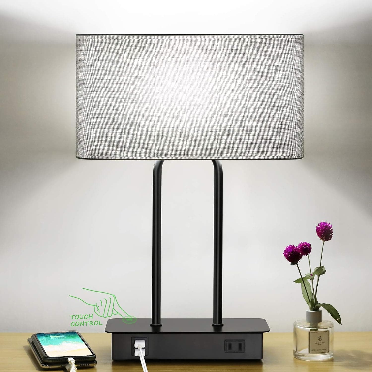 Lámparas de mesa con control táctil junto a la cama, lámpara de mesita de noche regulable de 3 vías | Puertos de carga USB duales 1 salida de CA, pantalla de tela gris, lámpara de escritorio para dormitorio sala de estar con bombilla LED de 5000K