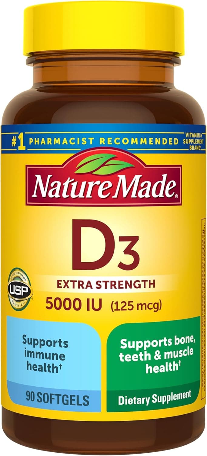 Nature Made Vitamina D3 5000 UI (125 mcg), 90 cápsulas blandas de vitamina D | Suplemento extra fuerte de vitamina D para apoyo a la salud inmune, ósea, dental y muscular, suministro para 90 días