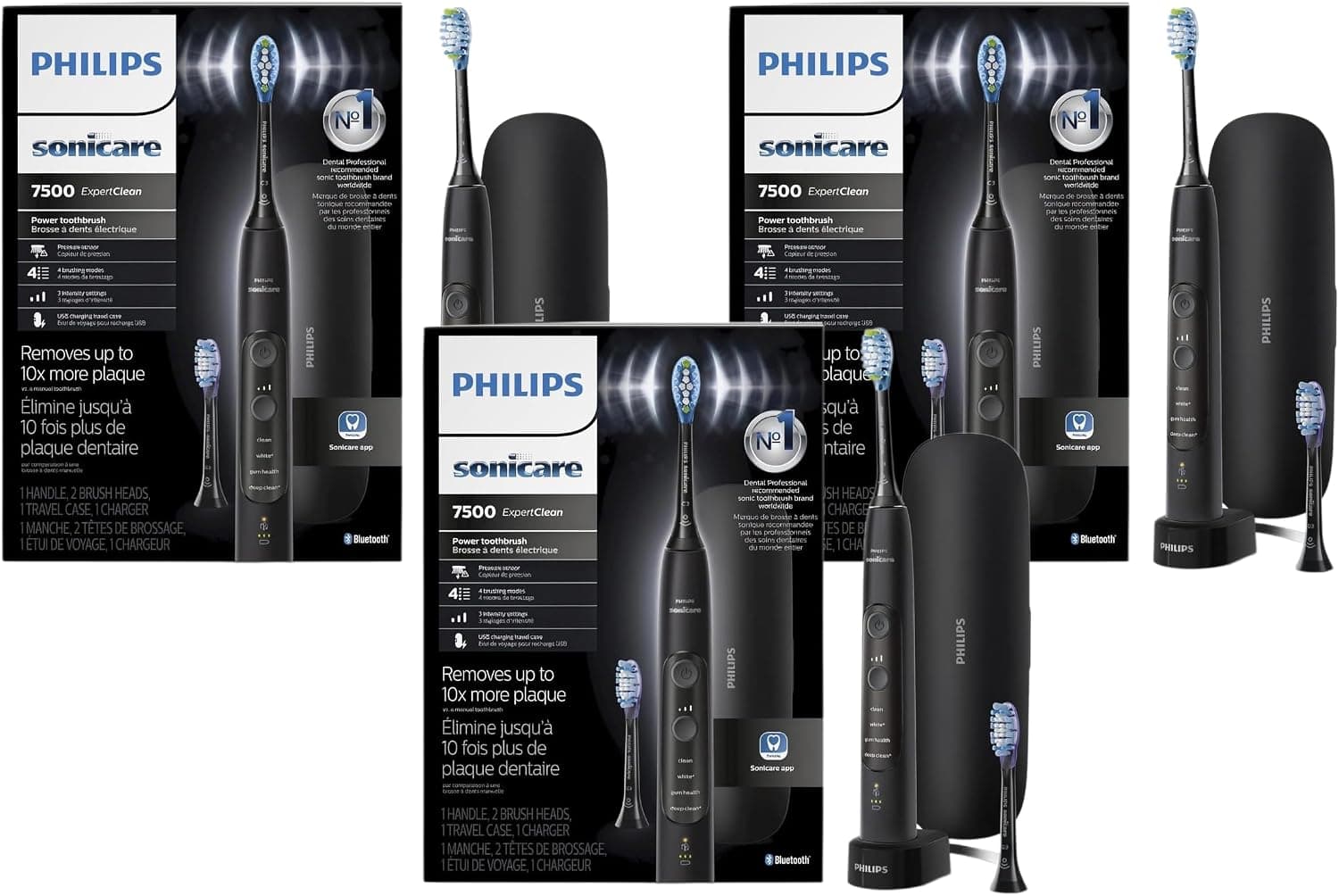 Philips Sonicare ExpertClean 7500 Black, cepillo de dientes eléctrico recargable, HX9690/05 (paquete de 3)