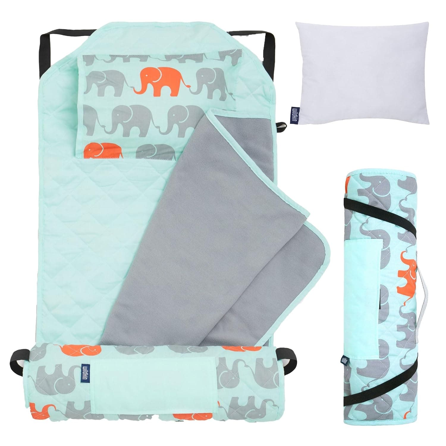 Wildkin Modern Kids Nap Mat with Pillow for Boys & Girls – Cotton Blend, Elastic Straps, Toddler Sleep Mat for Daycare, Preschool, Kindergarten & Travel, Ages 3–7, Machine Washable – Elephants
