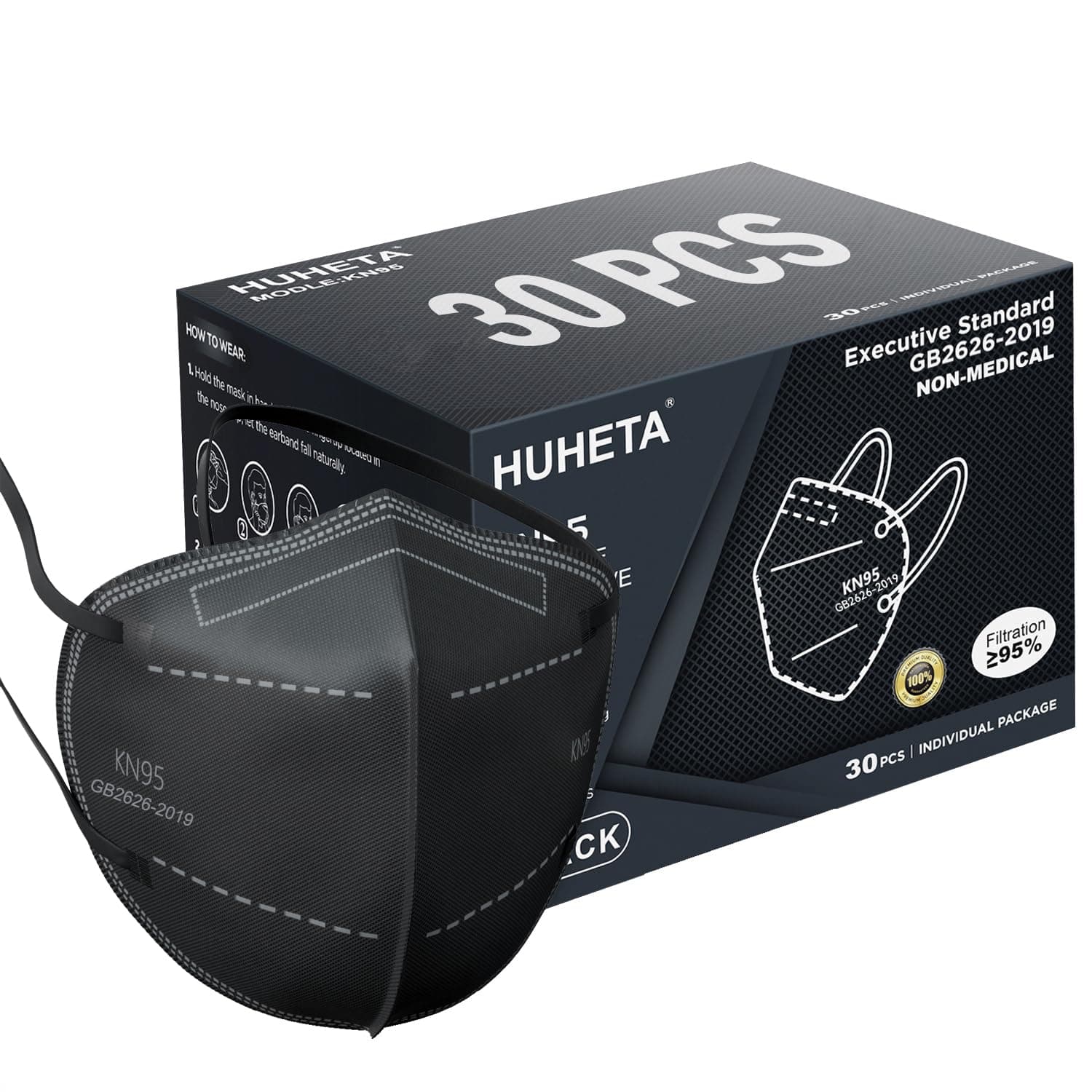 HUHETA Mascarillas KN95, Paquetes de 30 Envueltos Individualmente, Mascarilla de Seguridad Cómoda y Transpirable de 5 Capas, Eficiencia de Filtro Superior al 95%, Mascarillas Protectoras contra el Polvo contra PM2.5 (Máscara Negra)