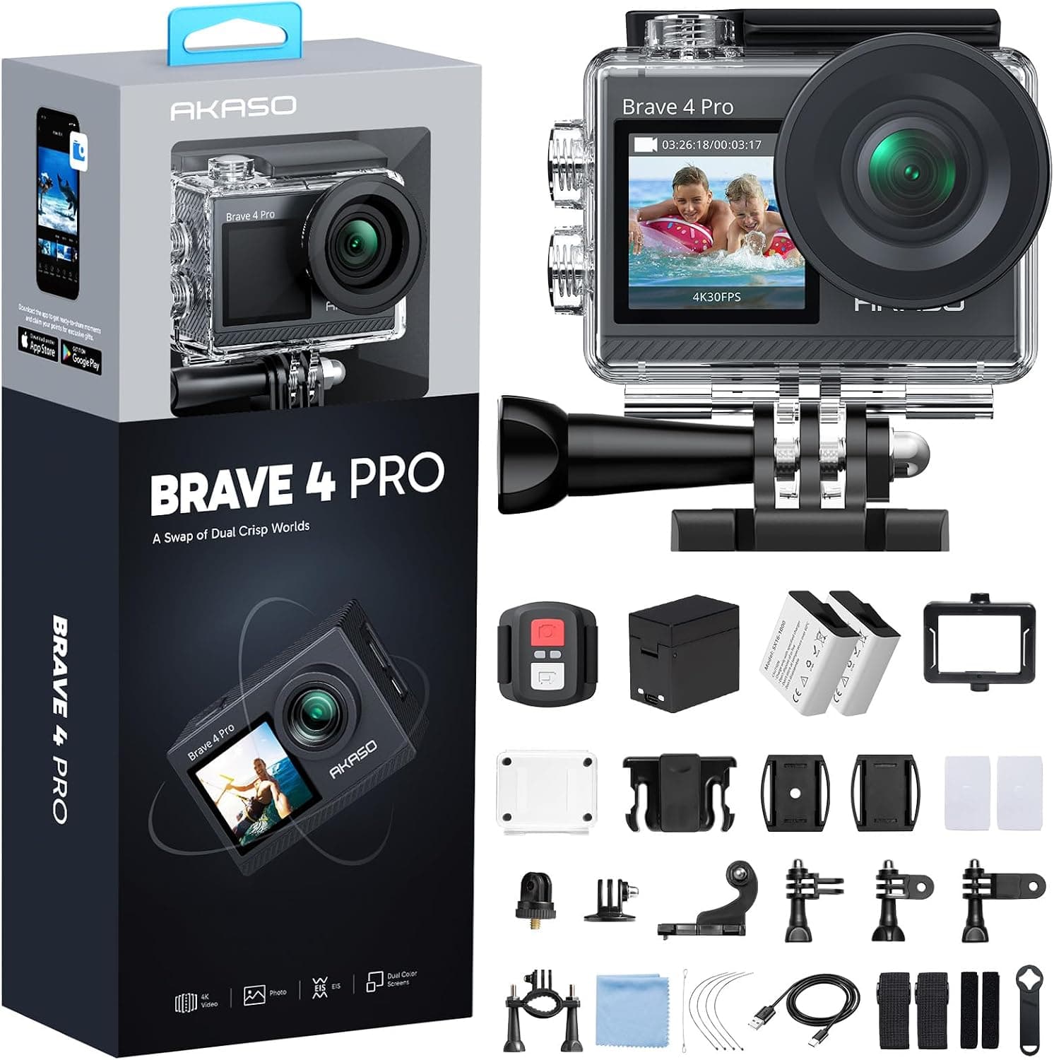 Cámara de acción AKASO Brave 4 Pro 4K 30fps Cámara subacuática impermeable | 20MP, EIS, zoom 5X, cámara lenta, pantalla táctil, cámara deportiva Ultra HD para snorkel, viajes, bicicleta, kit de accesorios para casco