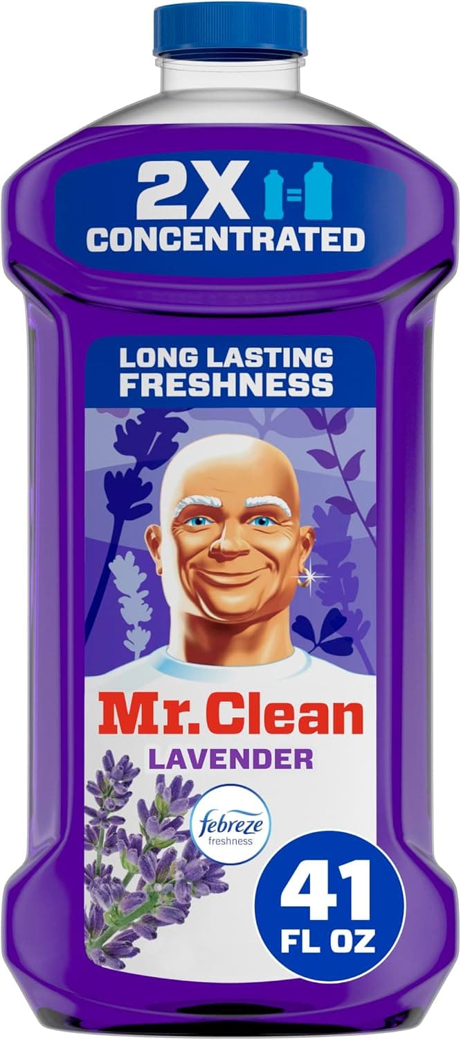 Mr. Clean Limpiador multiusos, limpiador de pisos para trapear el hogar, el baño y la cocina, líquido de limpieza para trapeador y cubo, suministros de limpieza, diluible en múltiples superficies, lavanda, 41 oz, paquete de 4