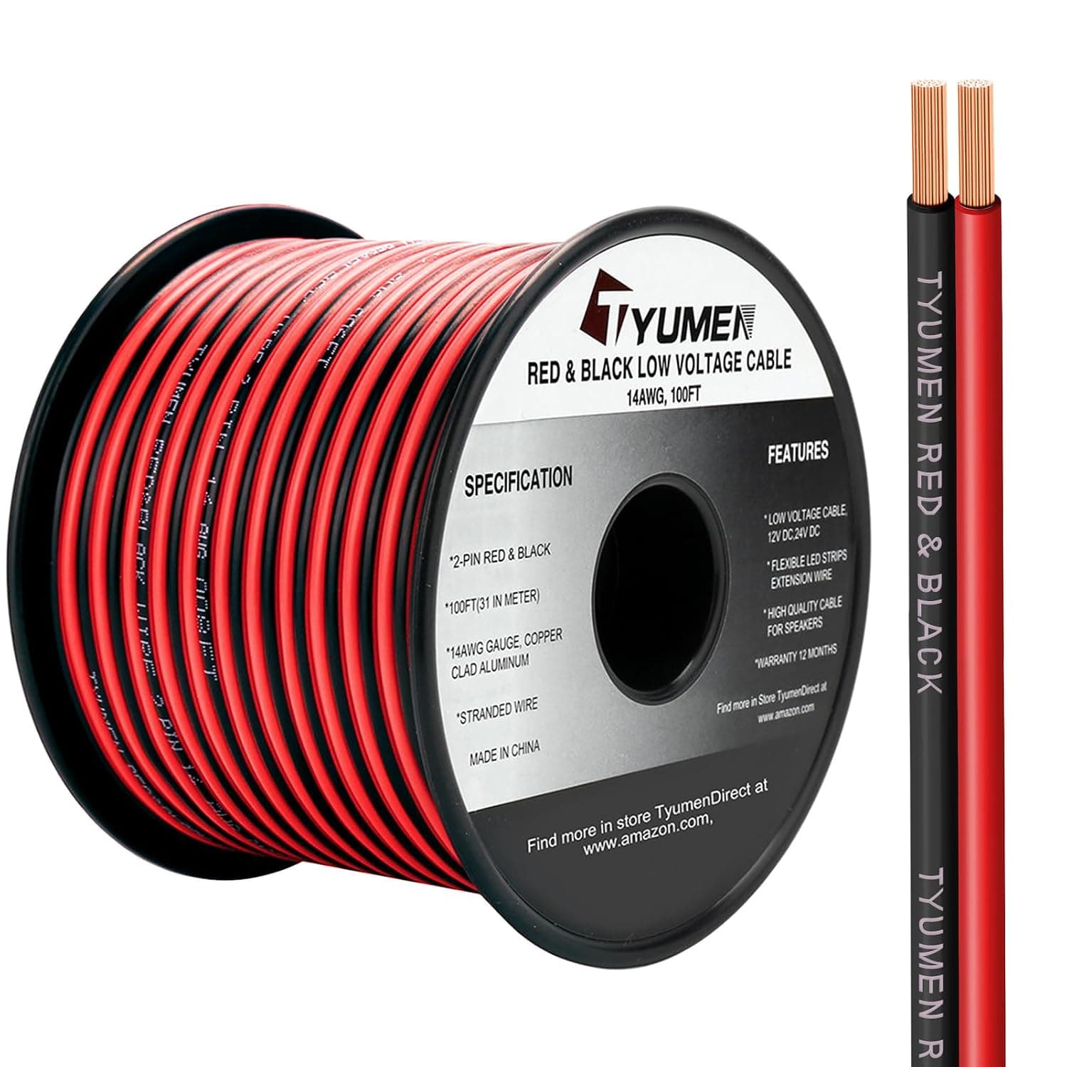 Cable de conexión de cable rojo y negro de calibre 14/2 de 100 pies, cable eléctrico, tiras LED, cable de extensión de 12 V/24 V CC, cable de extensión flexible de 14 AWG para iluminación de cinta de lámpara LED