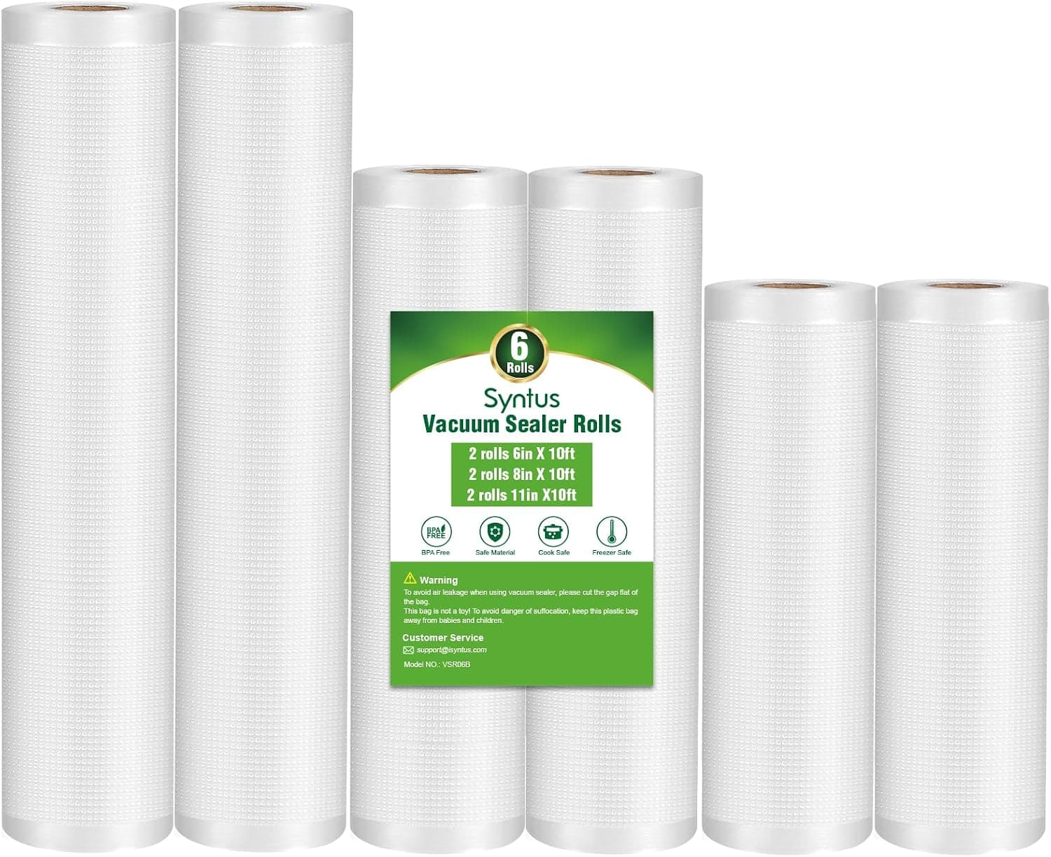 Syntus Bolsa selladora al vacío para alimentos, 6 rollos de 11"x10' y 8"x10' y 6"x10' | Paquete de 6, sin BPA, tamaño personalizado, resistente, duradero, cocina Sous Vide, apto para congelador, microondas, funciona con todos los selladores al vacío