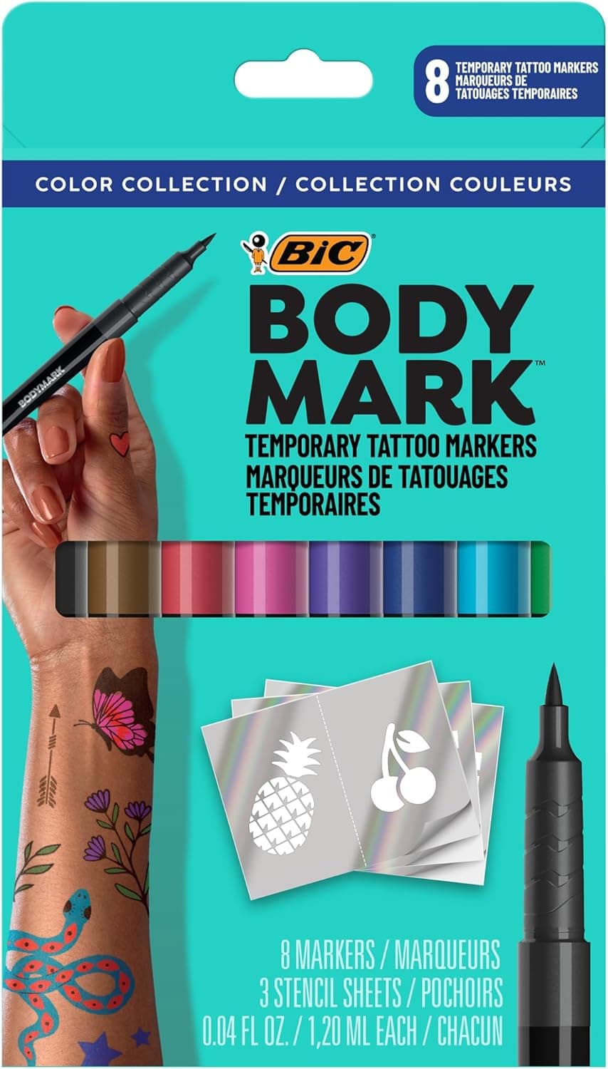 BODYMARK Temporary Tattoo Markers, 8-Count Color Collection, Skin-Safe | Cosmetic Quality, Cruelty-Free, Long-Lasting, Flexible Brush Tip, Includes Stencils for Easy Application, Included