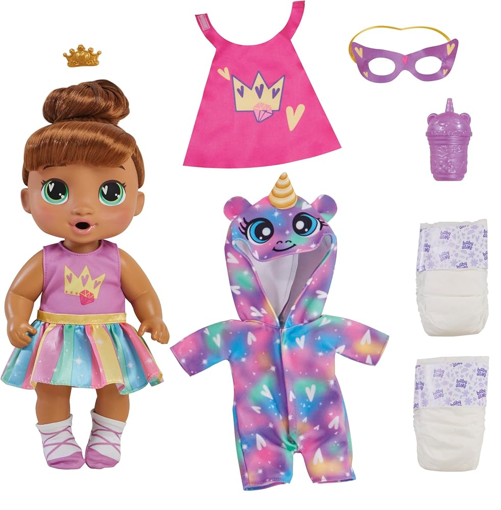 Baby Alive Super BFF Sophia Sparkle Brown Hair Dress Up Baby Doll Playset, 11 pulgadas, juguetes para niñas y niños de 3 años en adelante (exclusivo de Amazon)