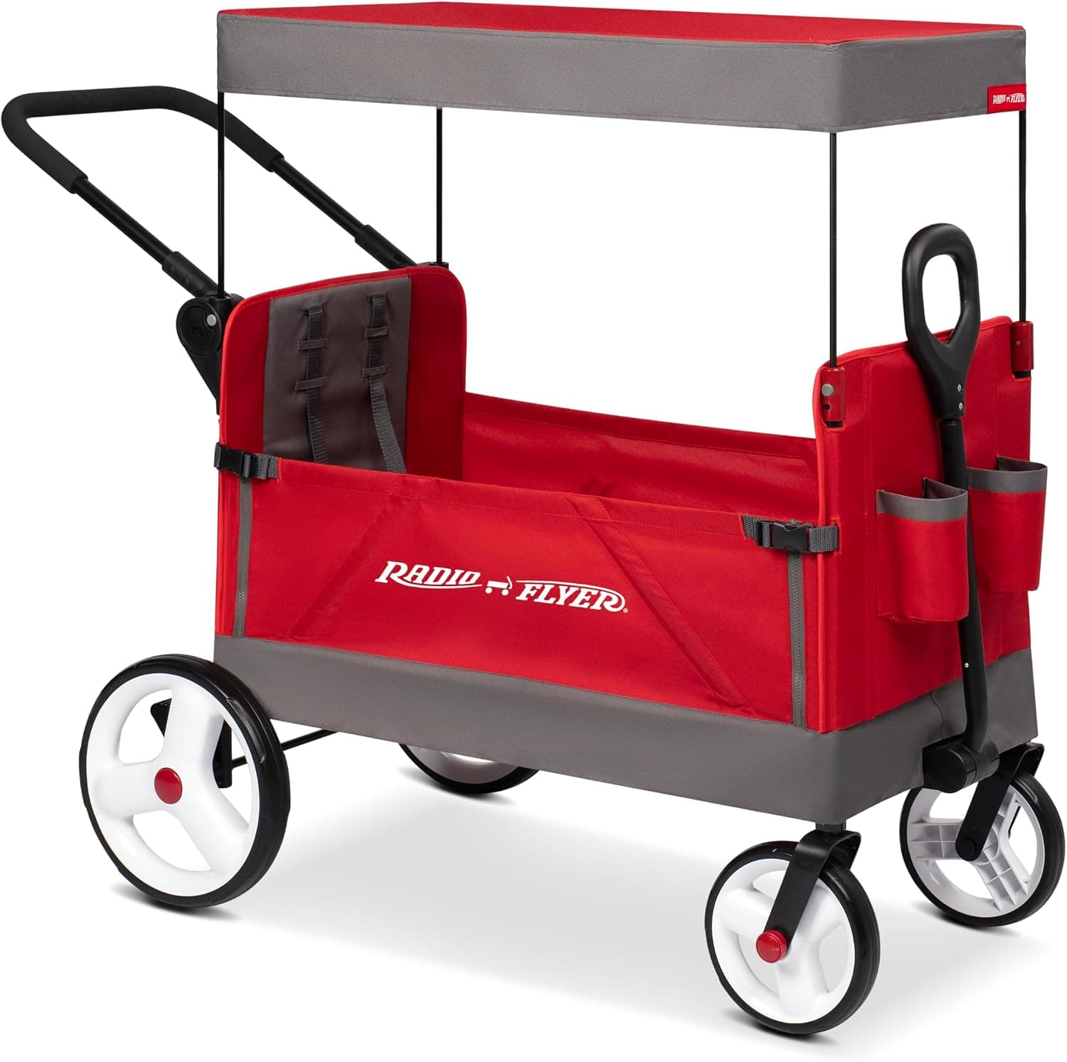 Radio Flyer Wagon para niños, cochecito de bebé, juguetes exteriores para niños de 1 a 3 años, carrito rodante, carrito de playa con ruedas, cochecito convertible para niños a partir de 1 año, rojo | con modo banco, plegado con una mano, toldo, arneses de 5 puntos, ruedas giratorias delanteras y ruedas traseras de 12"