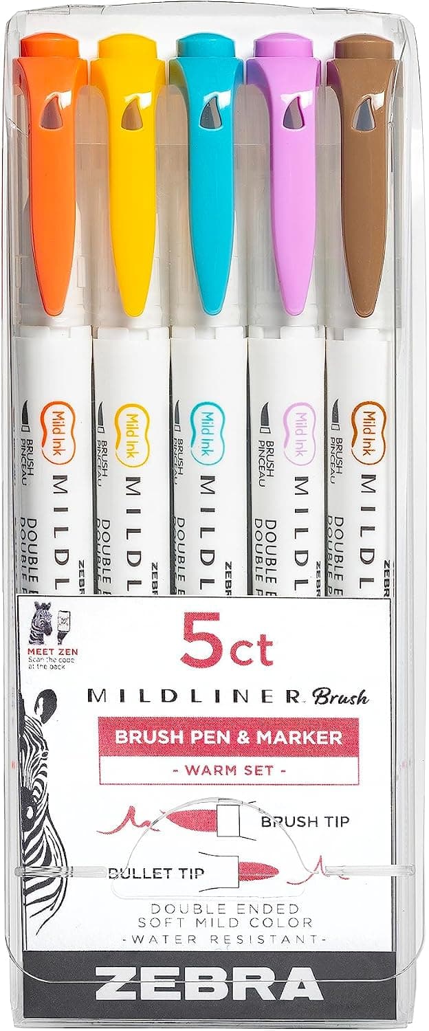 Zebra Pen MILDLINER No Bleed Brush Pen, Assorted Warm, Dual Tip, 5-Pack