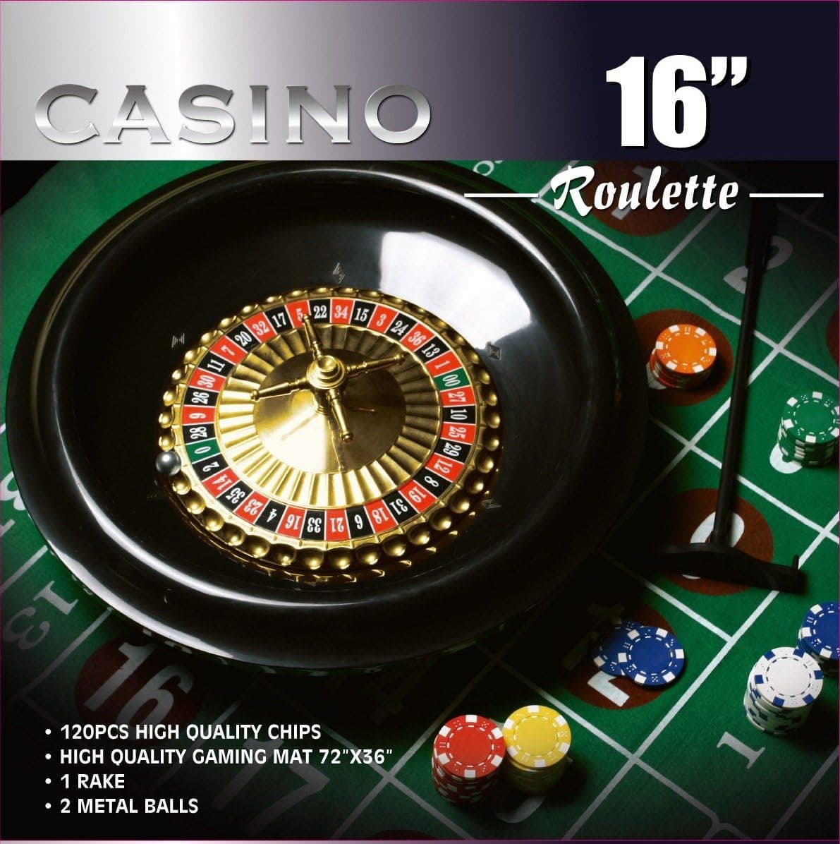 Juego de rueda de ruleta DA VINCI de 16 pulgadas con 120 fichas de 11,5 gramos, diseño de fieltro de tamaño completo de 3'x6' y rastrillo