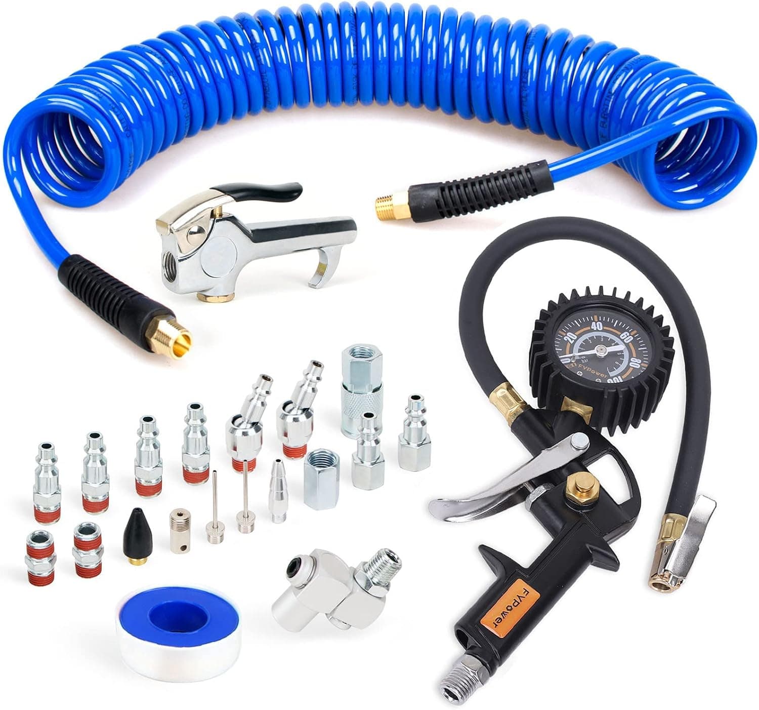 Kit de accesorios para compresor de aire de 22 piezas, kit de manguera de compresor de aire de poliéster con retroceso de 1/4 pulgadas x 25 pies, accesorios de aire de conexión rápida NPT de 1/4", medidor de inflado de neumáticos, pistola de soplado, tapones giratorios