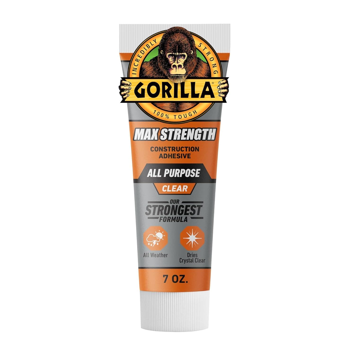 Gorilla Max Strength Construction Adhesive, Clear, 7 oz Tube, 1-Pack | Waterproof Gap-Filling Formula, Bonds Wood, Metal, Tile, Stone, Glass, Mirror, Indoor & Outdoor Use, Paintable & Sandable