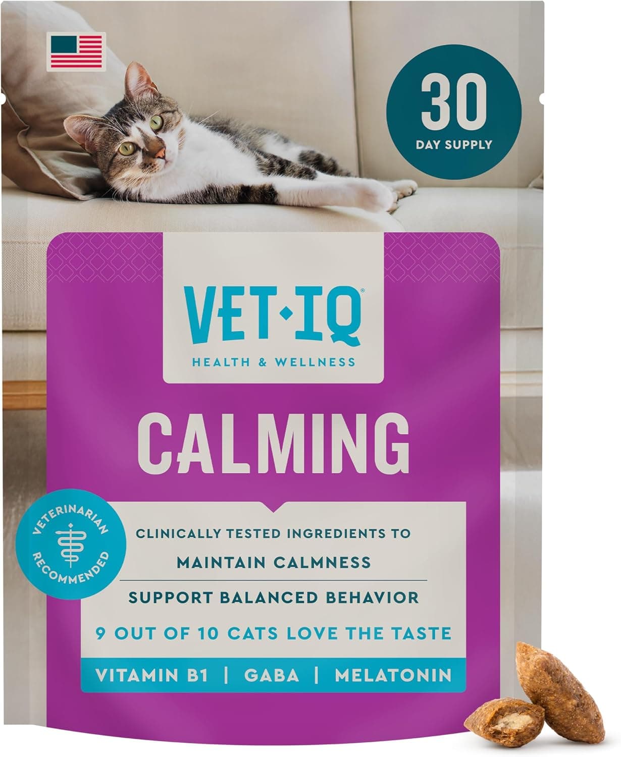 VetIQ Cat Calming Treats with Melatonin for Stress Relief, Organic Ashwagandha, and GABA Chicken Flavored Cat Calming Chews, 3.7oz | Relieves stress from travel, vet visits & grooming; organic ashwagandha, GABA & melatonin; chicken-flavor chews