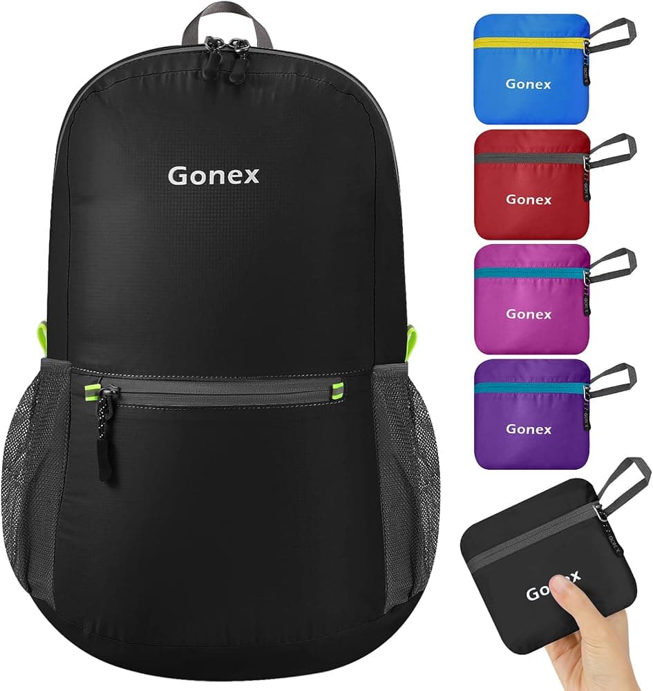 Mochila plegable ultraligera Gonex, práctica mochila plegable para acampar, viajes al aire libre, ciclismo, mochilero | Nailon resistente al agua, se pliega en el bolsillo, 3 compartimentos con cremallera, uso para senderismo y viajes