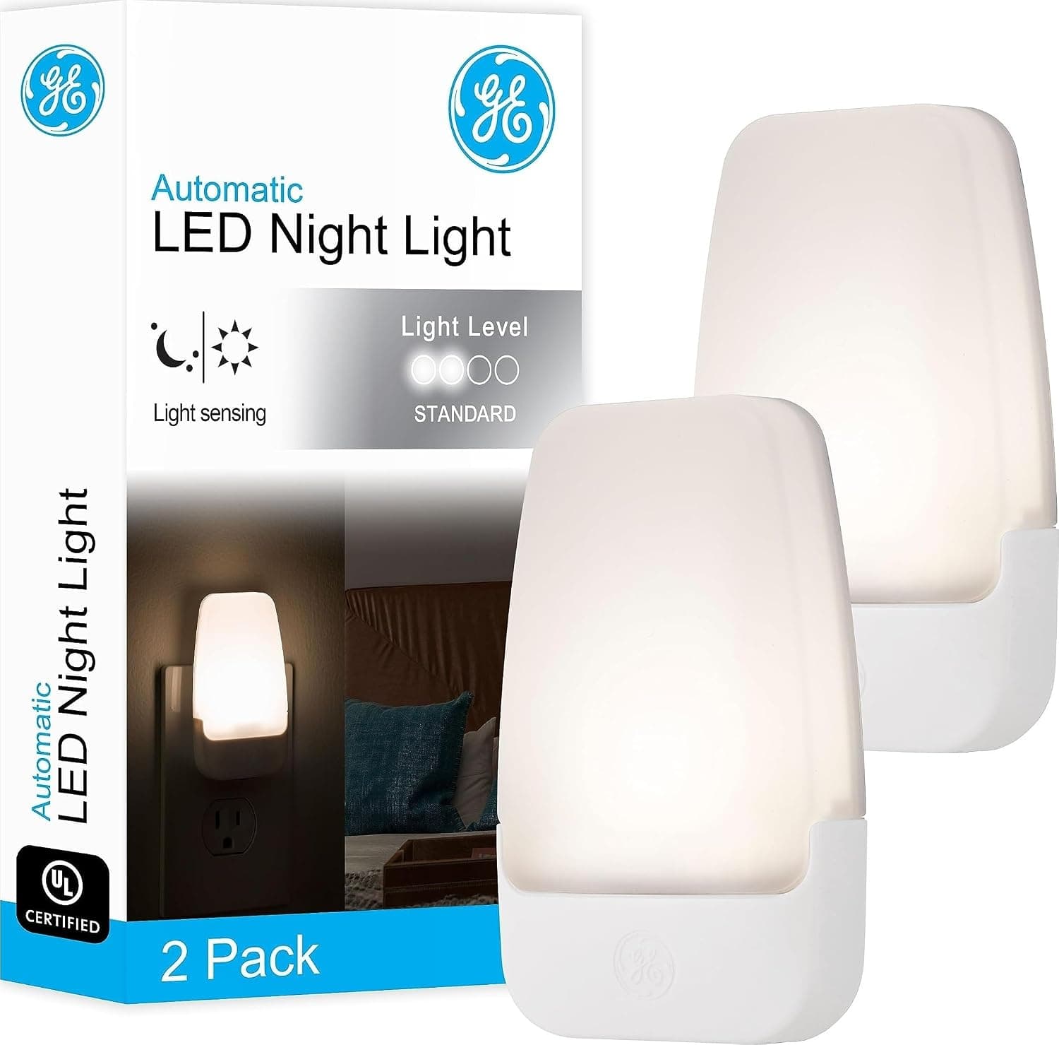 Luz nocturna enchufable GE con sensor de atardecer a amanecer, paquete de 2 | Luces nocturnas enchufables a la pared, luz blanca cálida de 3000 K para dormitorio, baño y guardería, certificación UL, eficiencia energética