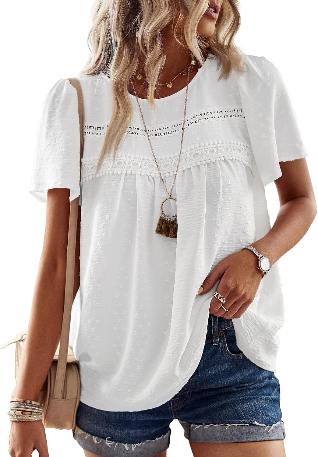 Falechay Tops de verano para mujer, camisas de manga corta con cuello redondo, blusas informales de gasa, dobladillo de encaje fluido, ropa Bohemia a la moda 2026