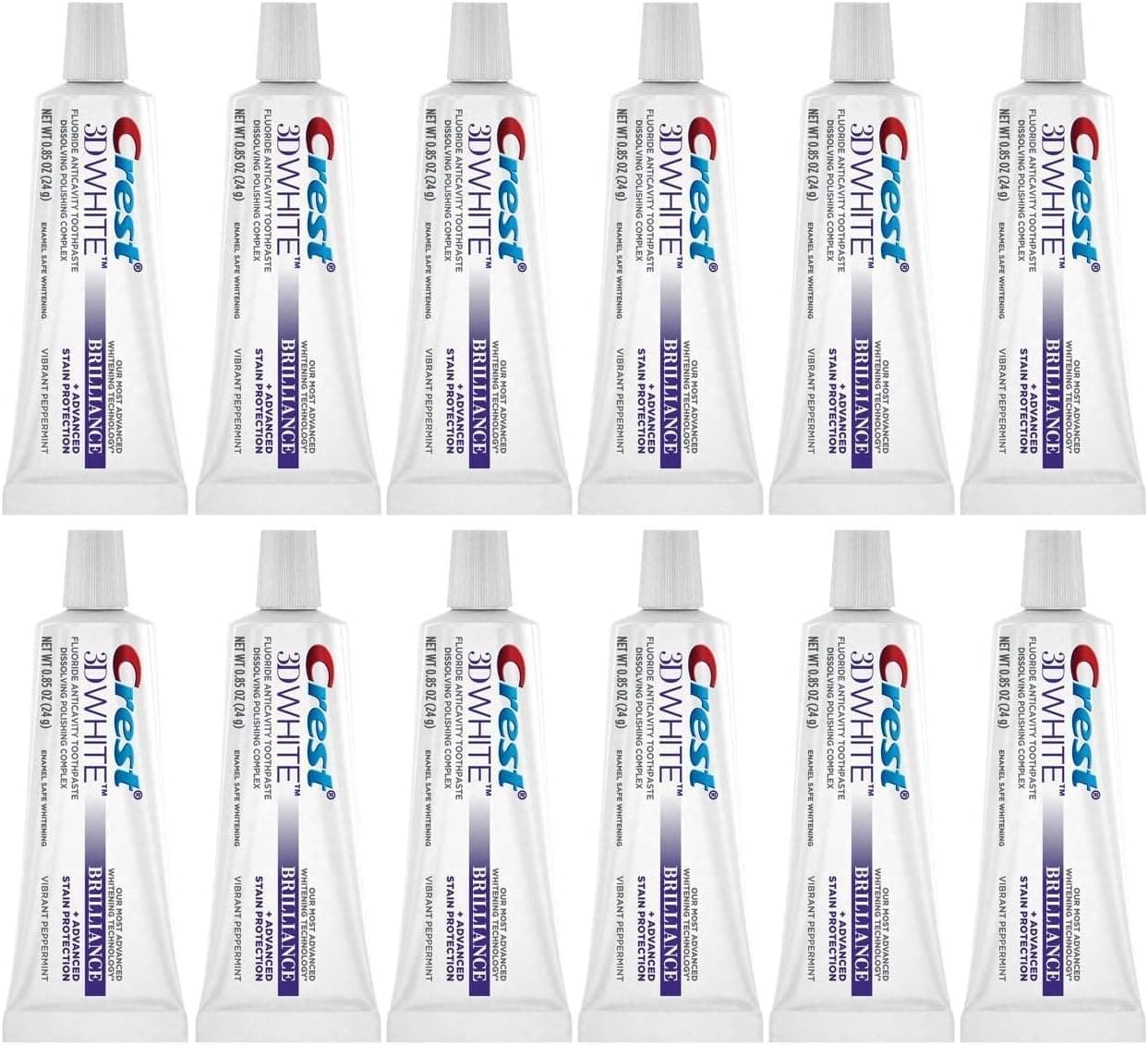 Crest 3D White Brilliance Toothpaste, Vibrant Peppermint, Travel Size, 0.85 oz (24g) - Pack of 12