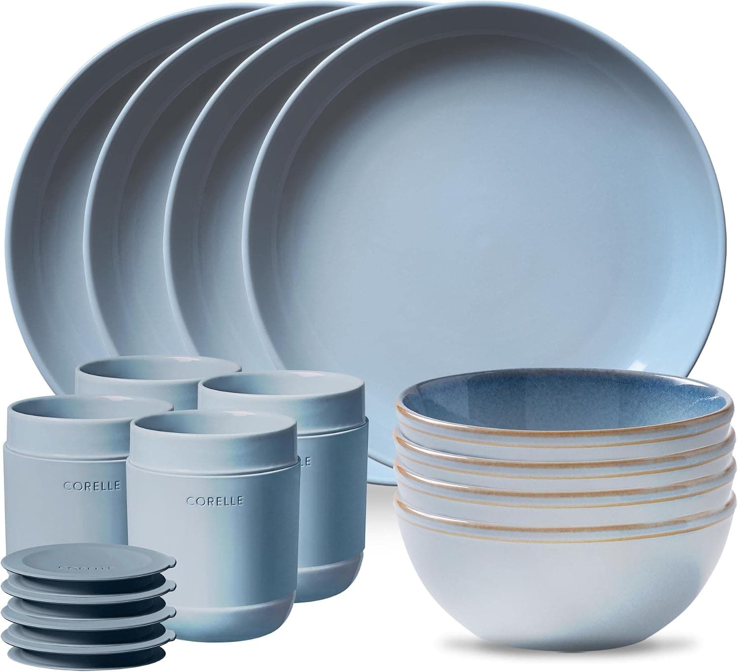 Corelle Juego de vajilla de gres, platos y tazones de cerámica esmaltada sólida y reactiva hechos a mano, platos redondos de estilo rústico moderno, servicio para 4, azul nórdico, juego de 16 piezas
