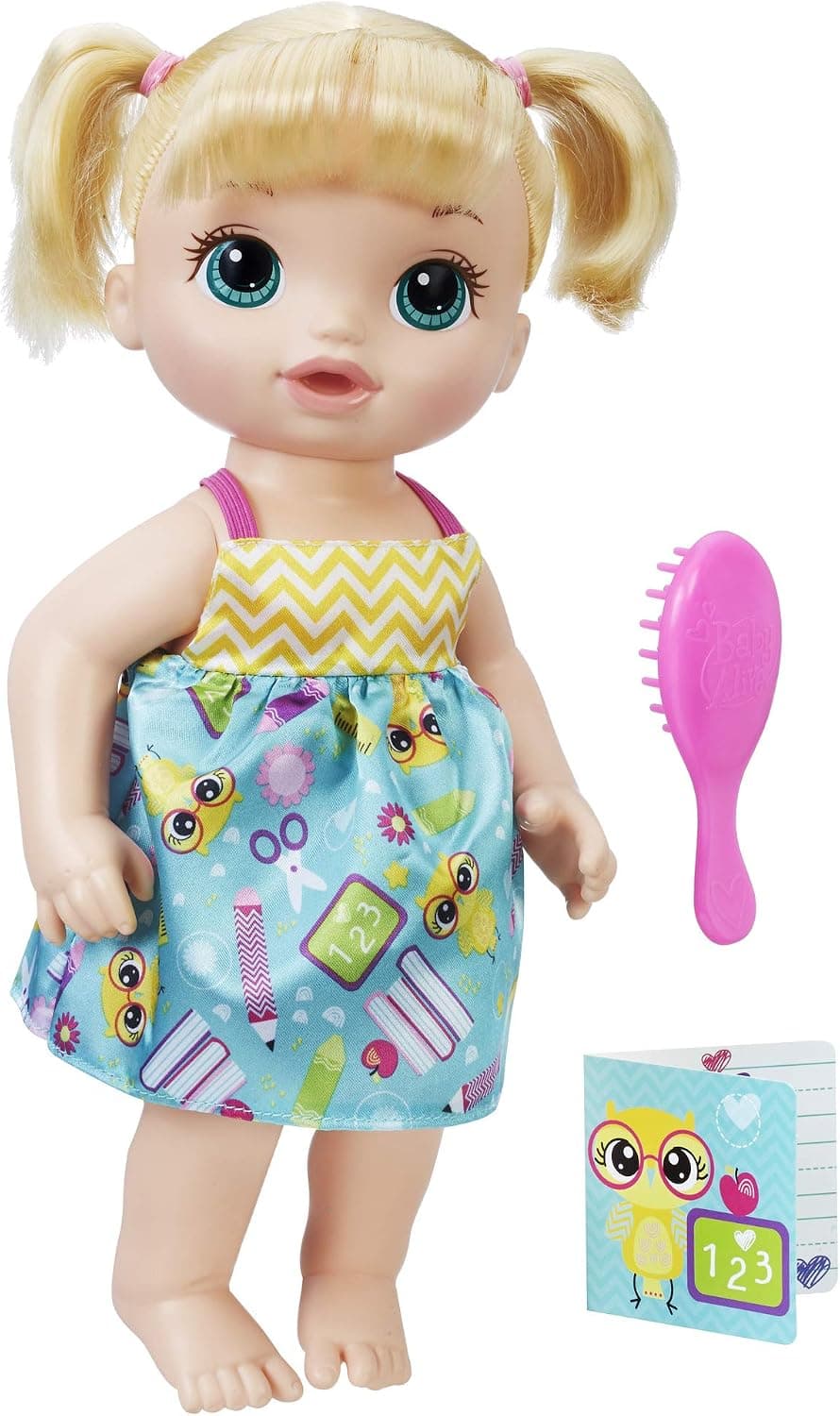 BABY ALIVE LISTO PARA LA ESCUELA: Muñeca bebé de cabello rubio, vestido con temática escolar, accesorios para muñecas que incluyen cuaderno y cepillo, muñeca para niñas y niños de 3 años en adelante (exclusivo de Amazon)