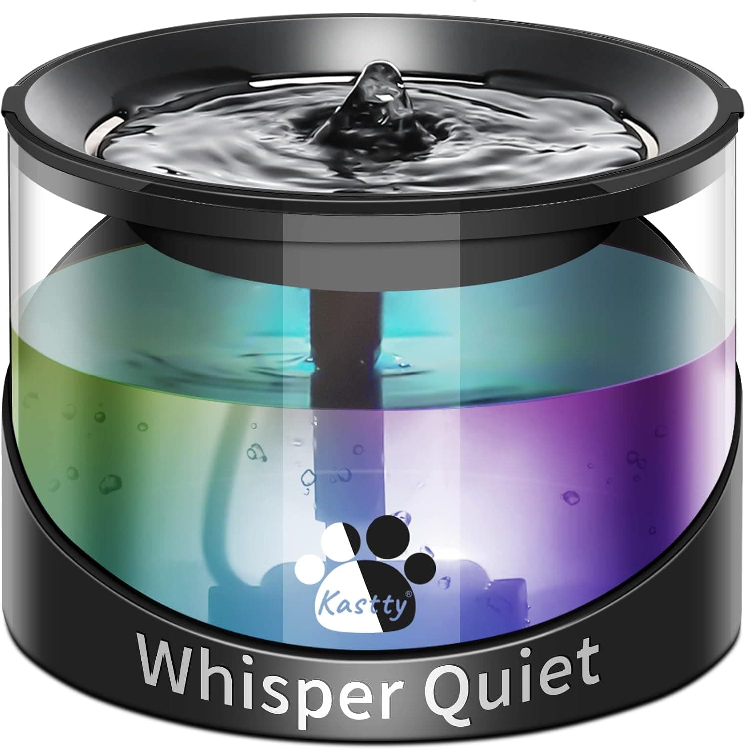Kastty Fuente de agua para gatos, fuente de agua para mascotas para gatos en interiores, dispensador de agua para gatos de 2,2 l/74 oz, súper silenciosa, bomba de larga duración, negro+luz LED colorida