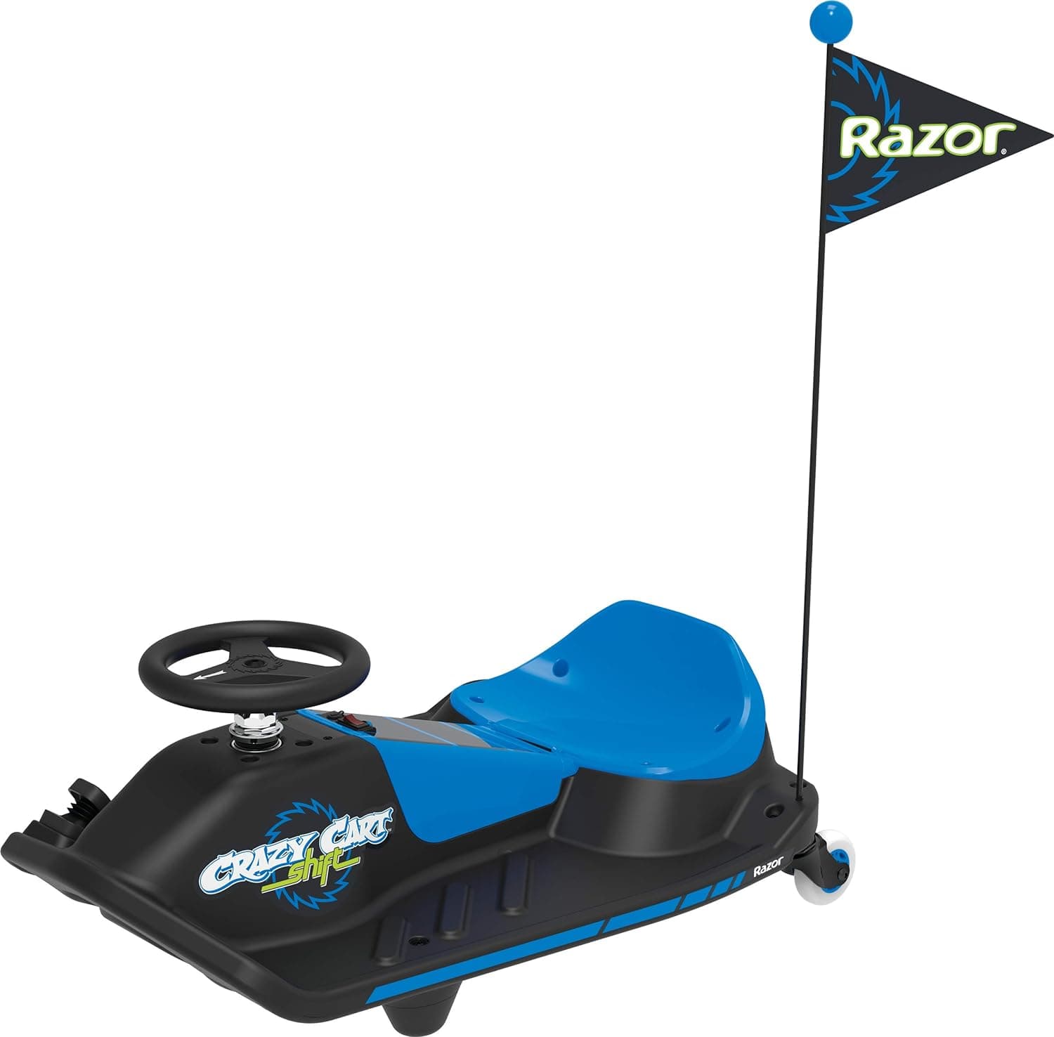 Razor Crazy Cart Shift Go Kart eléctrico para niños a partir de 6 años - Sistema de deriva de 12 V, interruptor de velocidad alta/baja, deriva simplificada, pasajeros de hasta 120 libras, negro/azul | Correpasillos icónico con ruedas para niños mayores de 6 años | Automatizado para nuevos conductores | Motor de 90W/12V | Hasta 8 MPH, 40 minutos; 120 libras