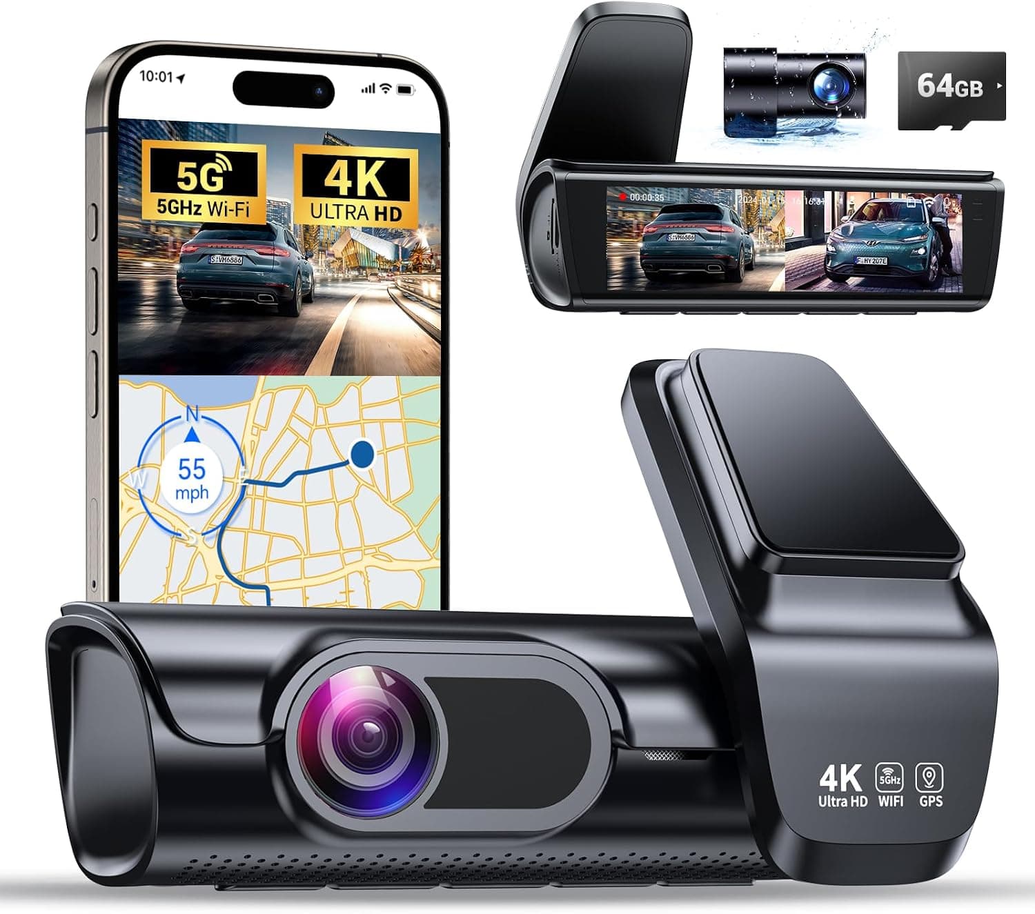 Cámara de salpicadero delantera y trasera OVAMAN K600 4k, pantalla IPS de 3,59", cámara de salpicadero GPS 5G WiFi incorporada para automóviles con aplicación, tarjeta SD UHD 2160P Night Vision Free 64G, gran angular de 170°, HDR, modo de estacionamiento 24H