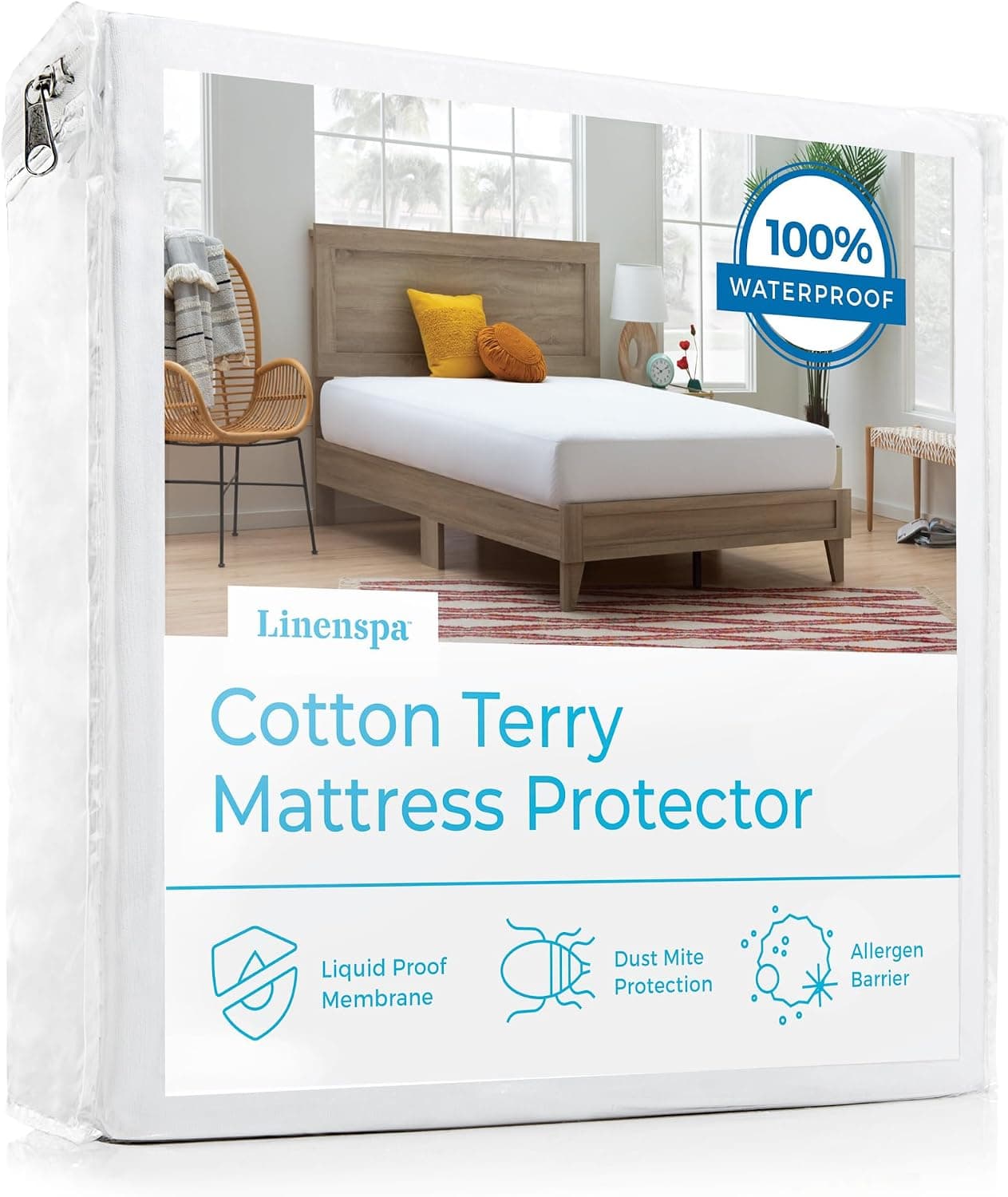 Linenspa Protector de colchón impermeable de rizo de algodón - Protección superior - Protector de colchón California King, blanco