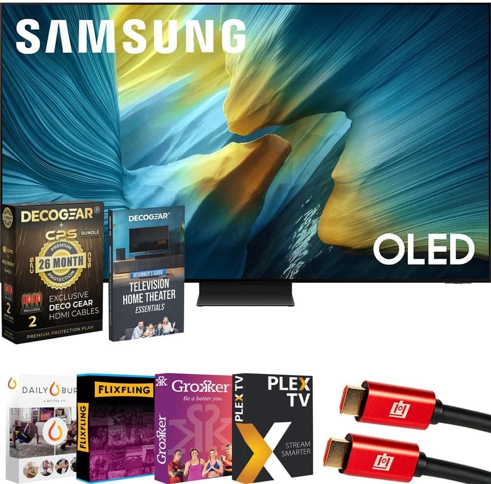 Samsung QN83S95F 83" OLED 4K S95F Vision AI Smart TV 2025 Bundle con transmisión de películas Premiere, Theatre Essentials, cable HDMI y Deco Gear CPS exclusivo paquete de protección de 26 meses (BEACH-CPS-26M6500)