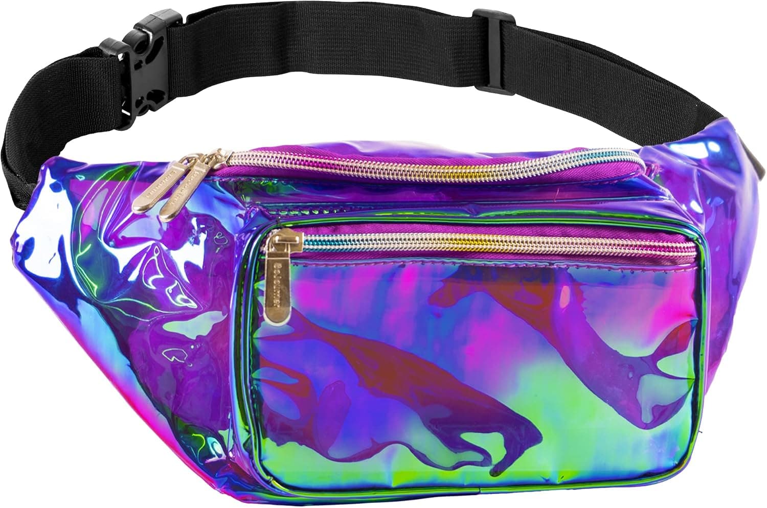 Riñonera holográfica impermeable SoJourner, morado transparente | Riñonera cruzada reflectante para festivales, conciertos, viajes y senderismo. Cinturón ajustable con bolsillos seguros con cremallera.