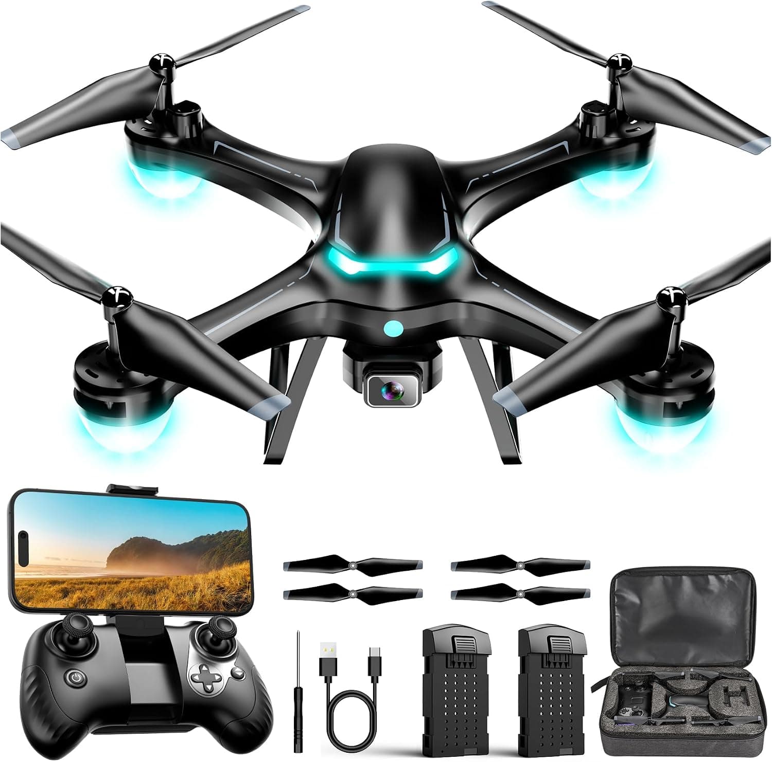 Drone con cámara 1080P, cuadricóptero de control remoto con gesto selfie, retención de altitud, inicio con una tecla, giros 3D, 2 baterías, negro