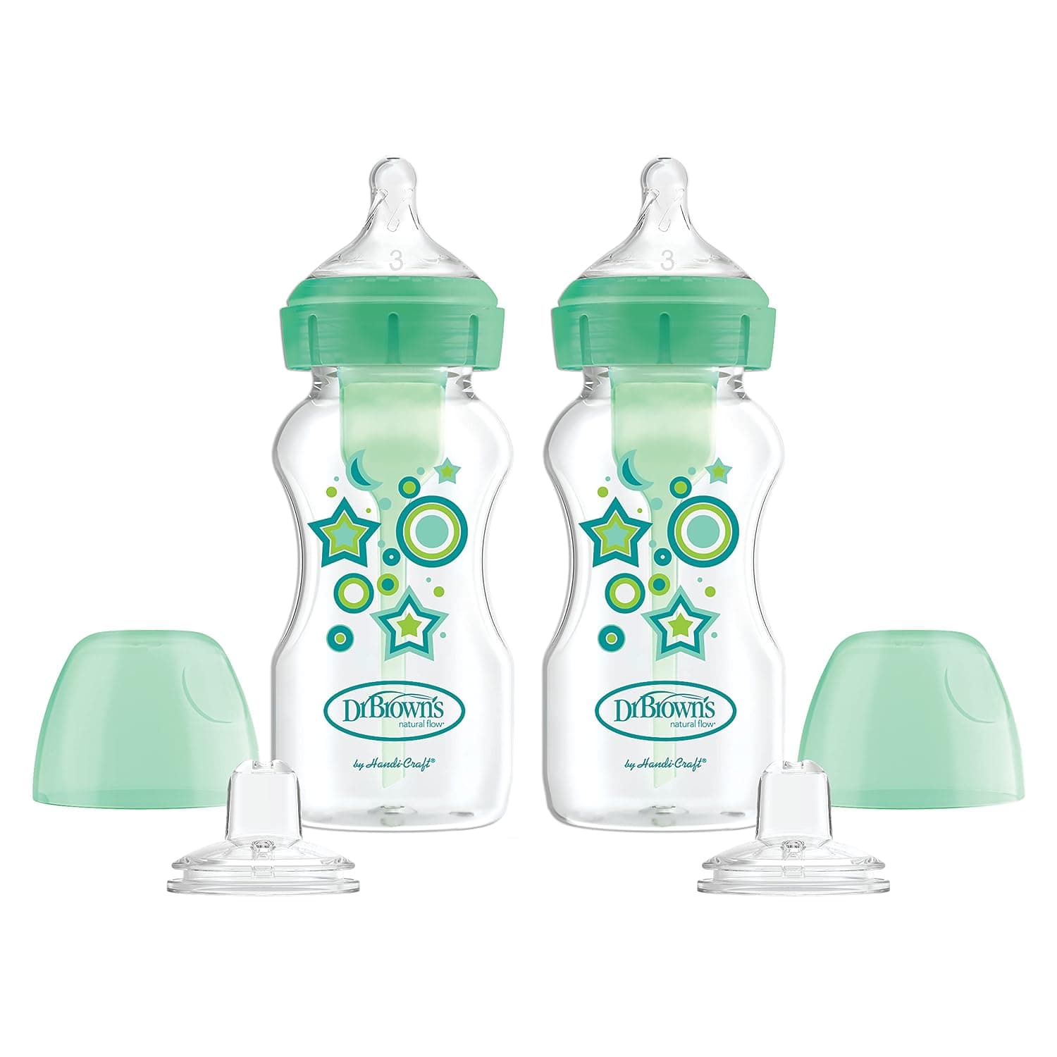Dr. Brown's Anti-Colic Options+ Wide-Neck Sippy Bottle Starter Kit, 9 oz/270 ml, con boquilla de flujo medio-rápido de nivel 3 y boquilla suave 100% de silicona, verde, sin BPA, 6 m+, paquete de 2