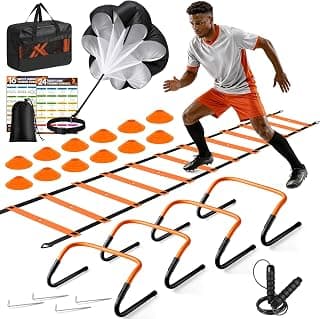 Escalera de agilidad, equipo de entrenamiento de fútbol Entrenamiento de agilidad y velocidad | Escalera de 20 pies, 4 vallas ajustables, paracaídas, conos y cuerda para saltar, accesorios de fútbol y baloncesto, equipo de fútbol