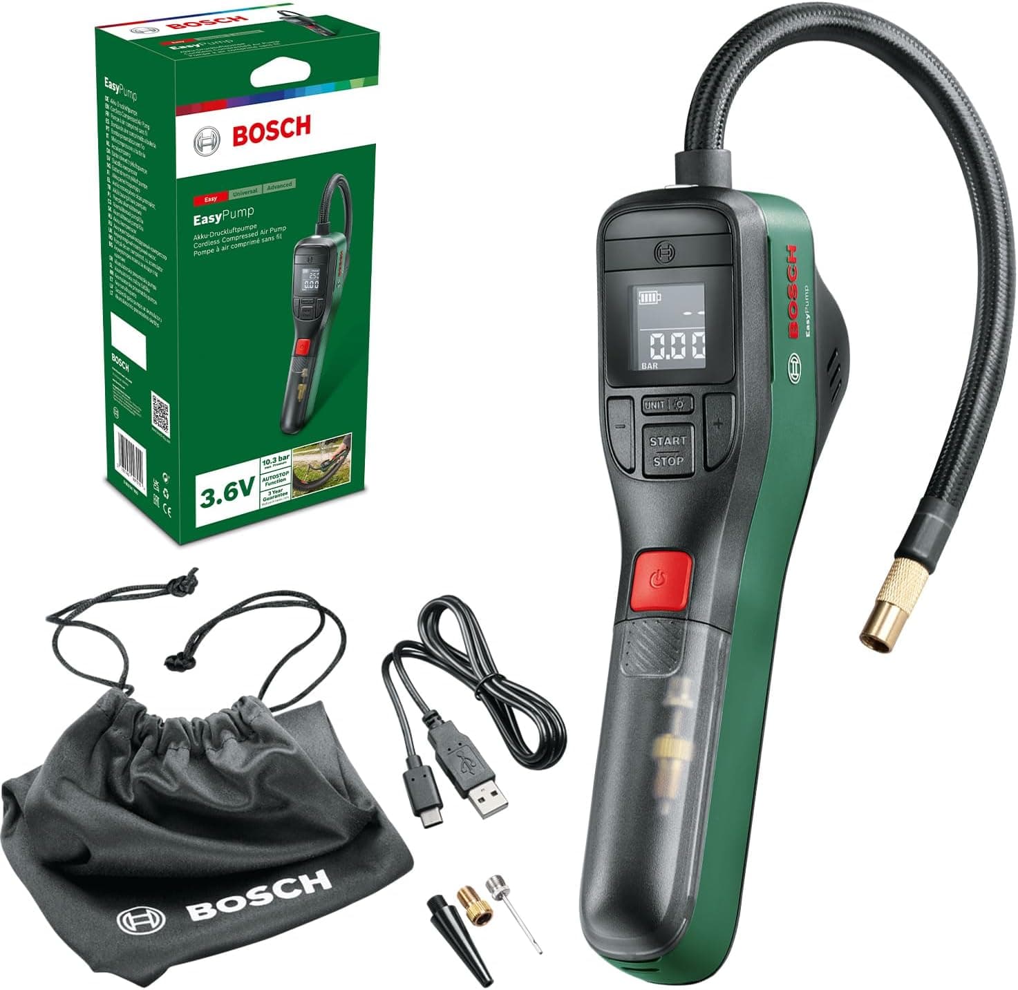 Bosch Home and Garden Bomba de aire eléctrica Mini compresor EasyPump (batería de 3,0 Ah, 3,6 V, 150 PSI, 10,3 bar, LED, en embalaje de cartón)