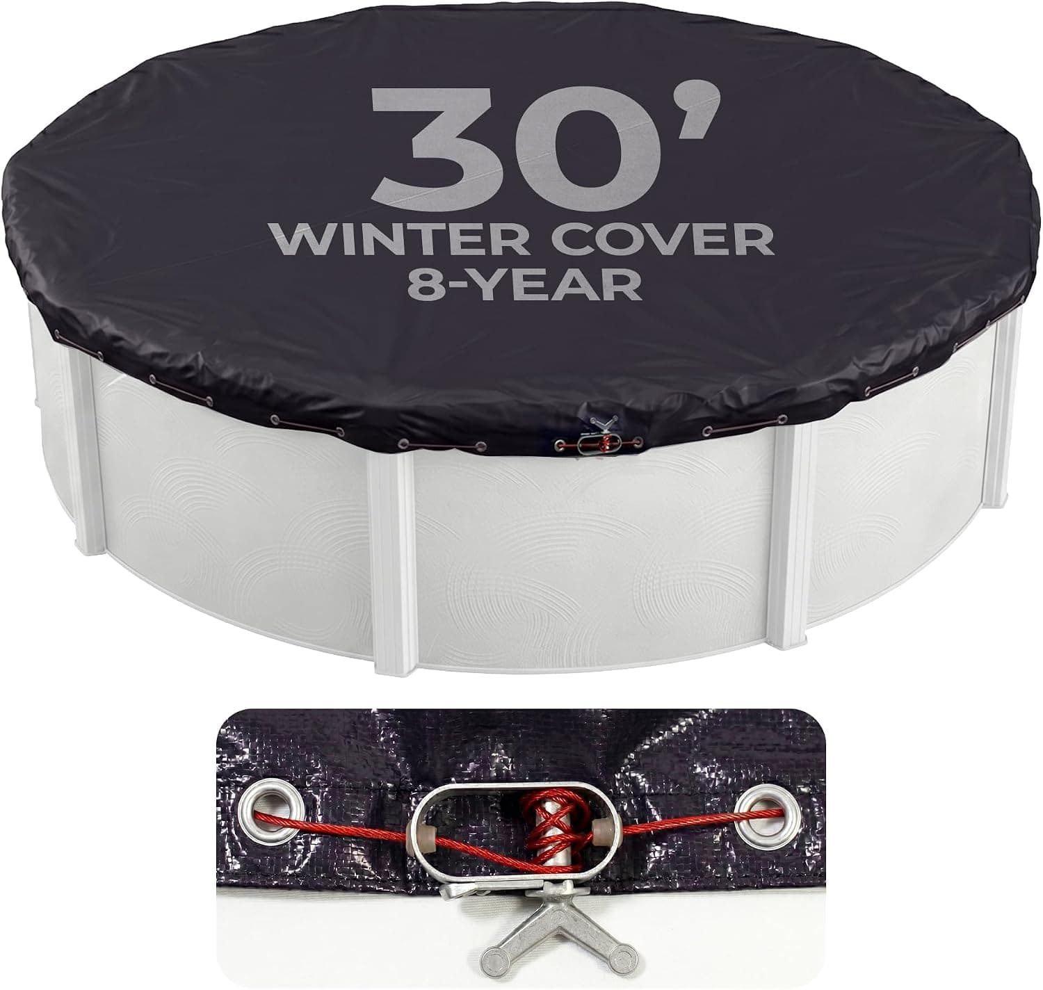 Blue Wave Arctic Armor 30-ft Round Above Ground Pool Winter Cover, Navy | Solid polyethylene, heat-sealed seams, cable, winch, grommets, extra 4-ft overlap, 8-yr support, blocks debris & snow