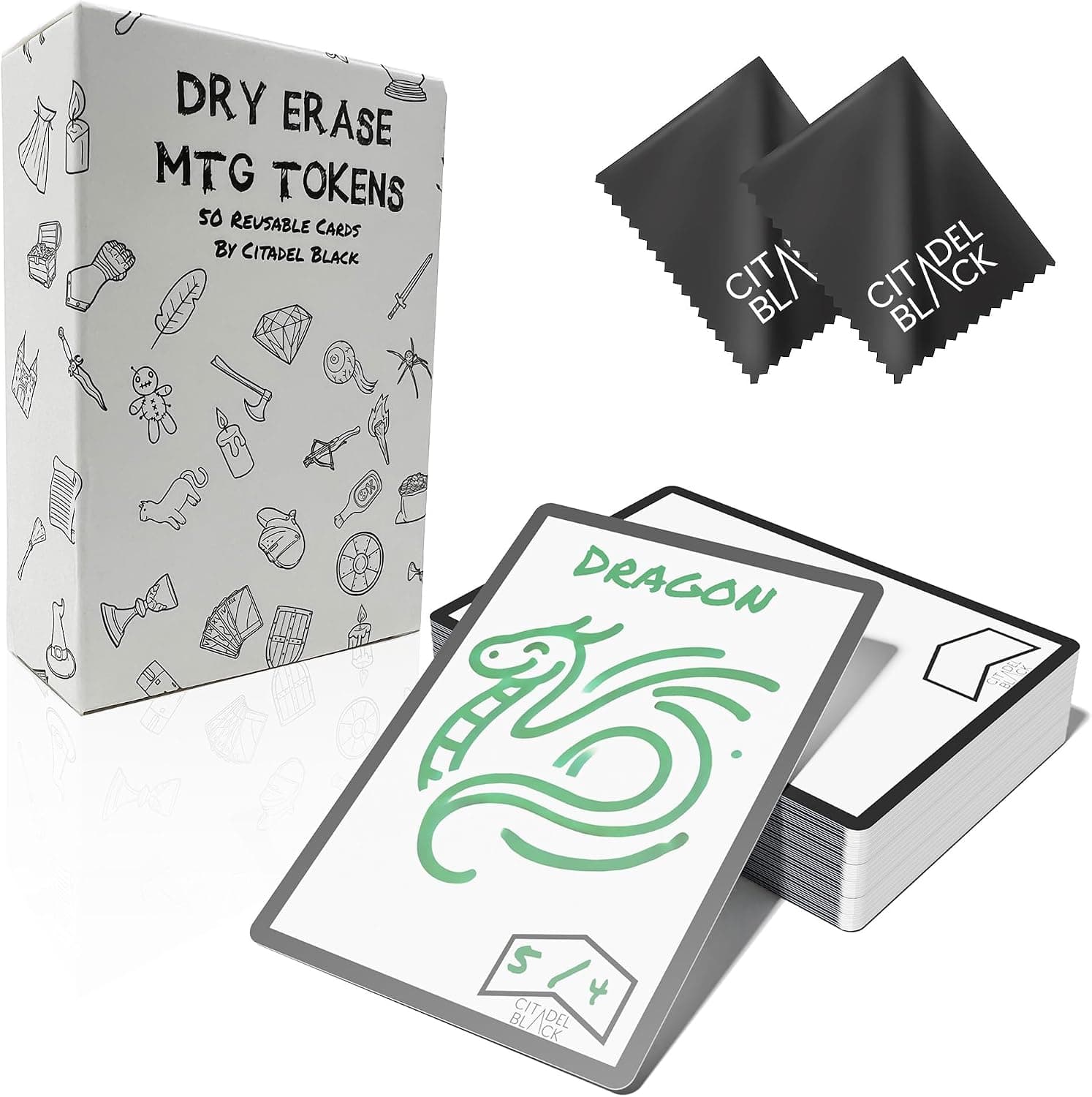 Citadel Black Dry Erase MTG Tokens Juego de 50 tarjetas, con 2 borradores, tarjeta proxy de tokens universales reversibles y reutilizables de doble cara, MTG TCG