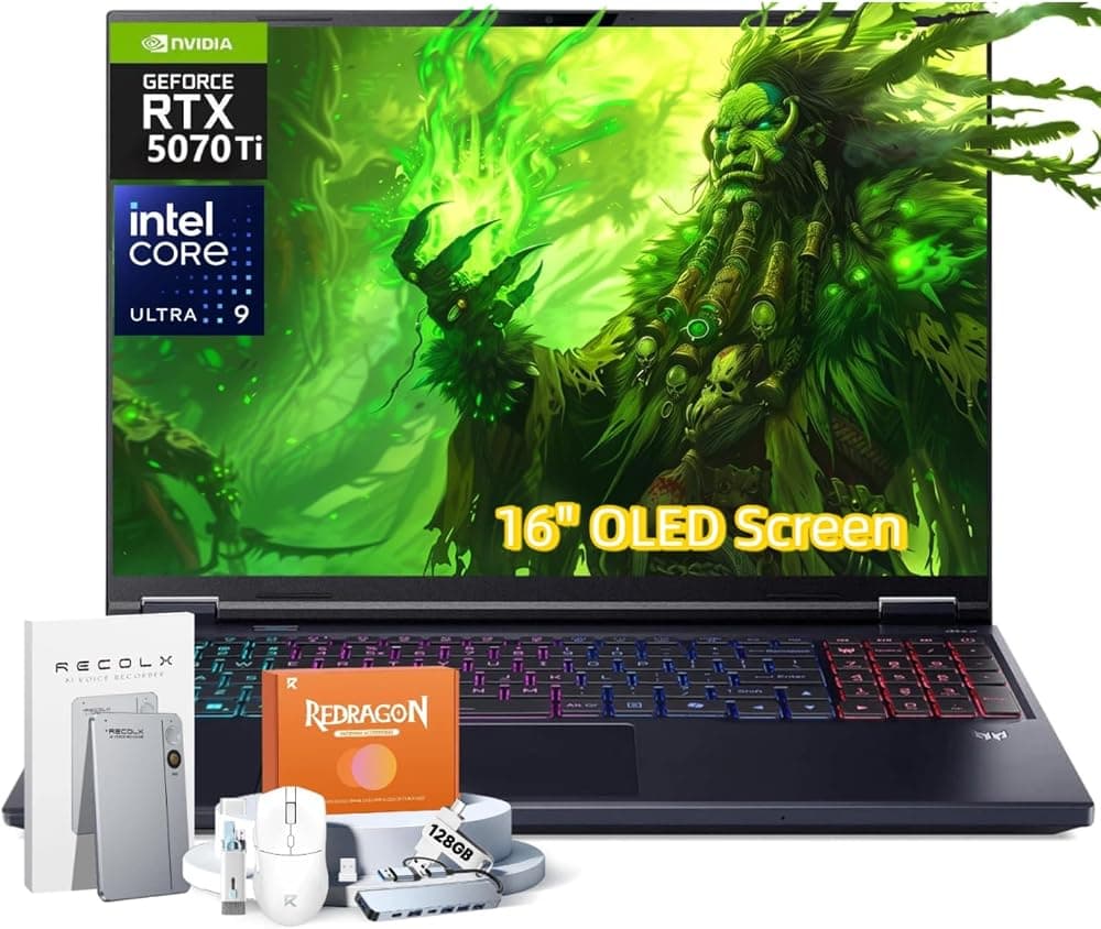Laptop para juegos Predator Helios Neo 16S AI, Intel Core Ultra 9 275HX hasta 13 NPU Tops, RTX 5070Ti, 32 GB DDR5, 1 TB SSD, OLED de 16" 240 Hz, Win11 Pro, con grabadora de voz RECOLX AI, accesorios REDRAGON