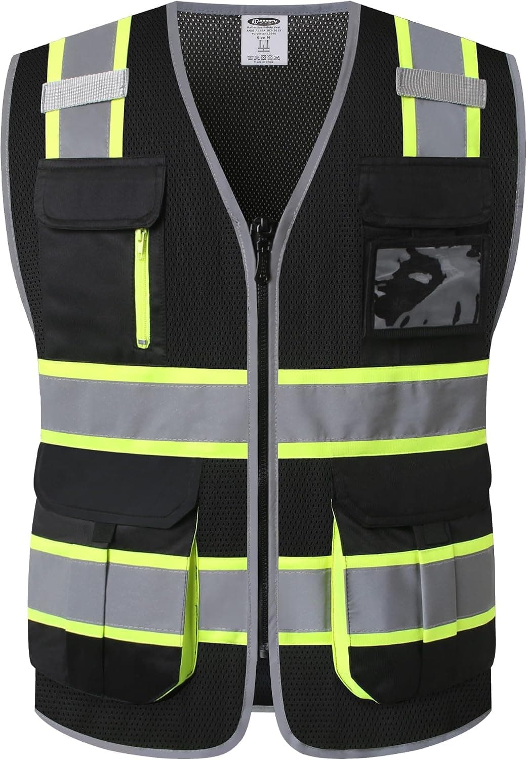 JKSafety Safety Vest for Men Women Hi Vis Reflective Tapes JK140 Black L | 9 Pockets, 4 Reflective Strips with Neon Trim Mesh Breathable for Construction Work Outdoor