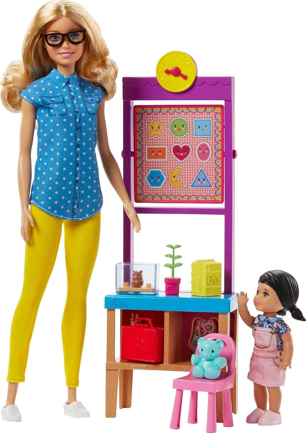 Muñecas y juegos de Barbie Teacher con muñeca de moda, muñeca pequeña, muebles y accesorios, incluida la pizarra giratoria