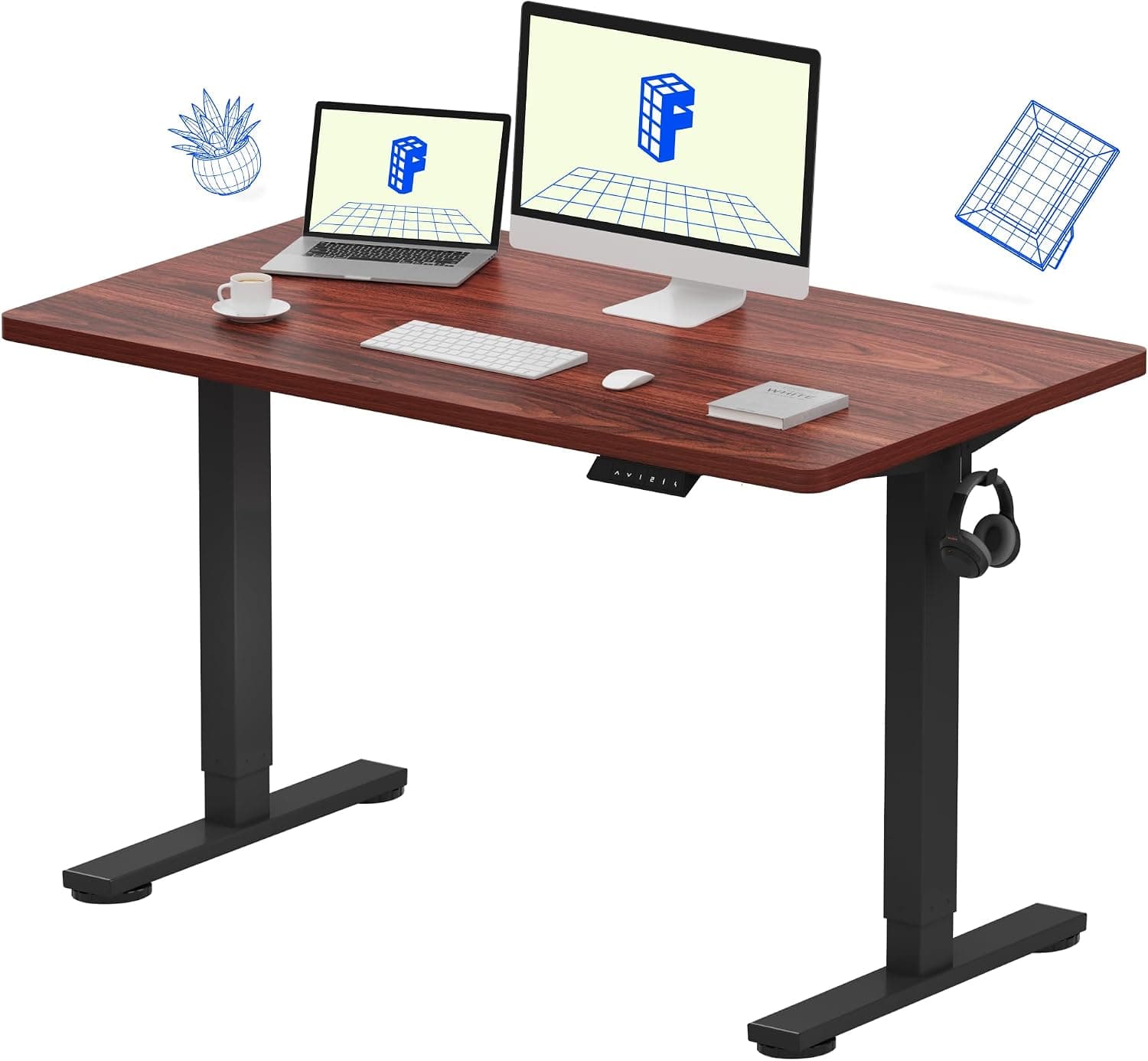 FLEXISPOT EN1 Escritorio de pie de una sola pieza, eléctrico ajustable con 4 ajustes preestablecidos de memoria, capacidad de 176 libras, escritorio estable y silencioso, sin costuras para oficina en casa y monitores duales, caoba de 48 x 24 pulgadas