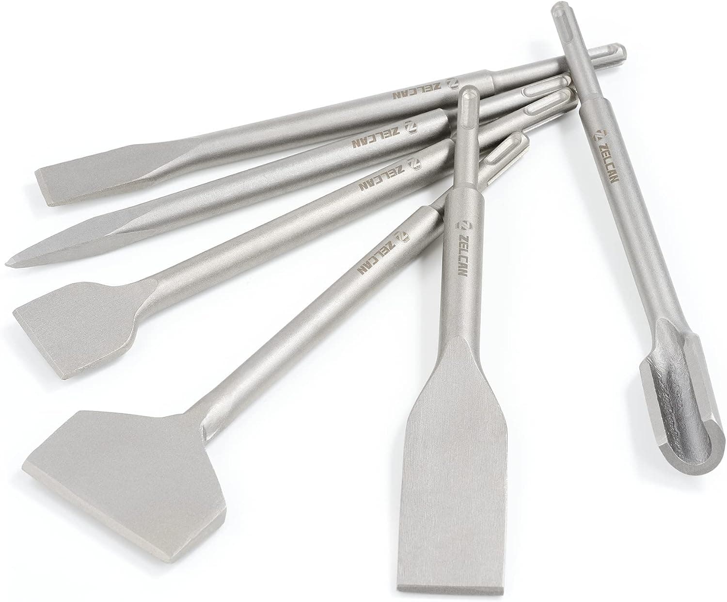 ZELCAN Juego de cinceles con vástagos SDS Plus, juego de 6 brocas para hormigón para mampostería, ranurado de azulejos, raspado, cinceles de escala de punta plana, kit de herramientas de taladro de martillo rotatorio de acero 40Cr, brocas SDS Plus para mejoras en el hogar