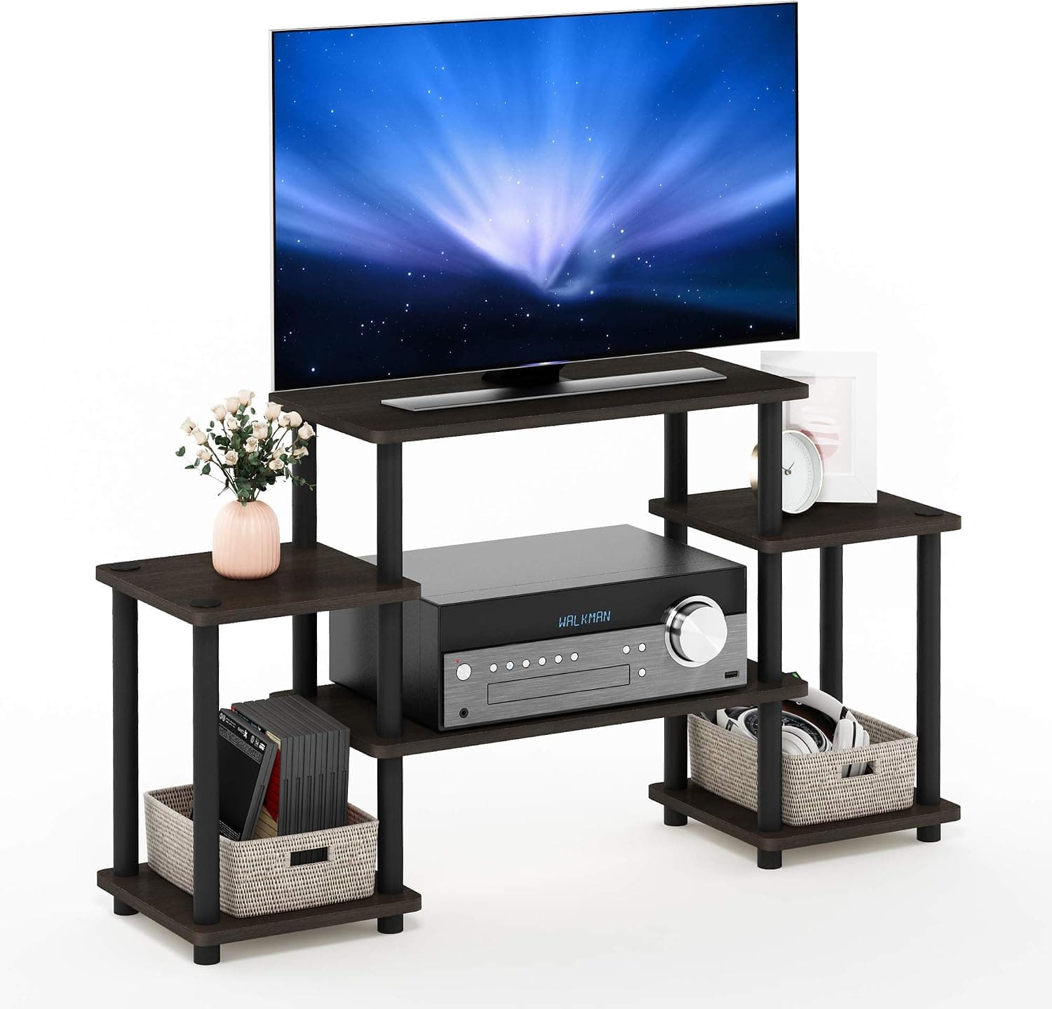 Furinno Turn-N-Tube No Tools Entertainment TV Stands, Dark Brown/Black | Raised Top, Open Shelves TV Console with for TV up to 32 Inch, for Living Room, Bedroom